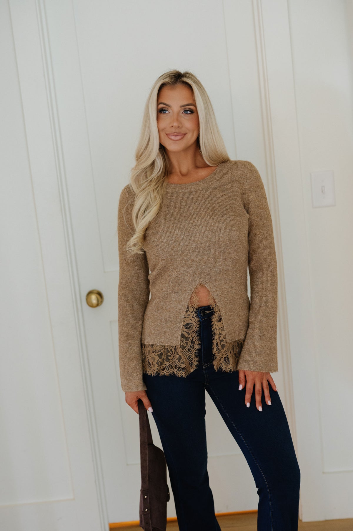 Maggie Knit Bell-Sleeve Sweater-Taupe