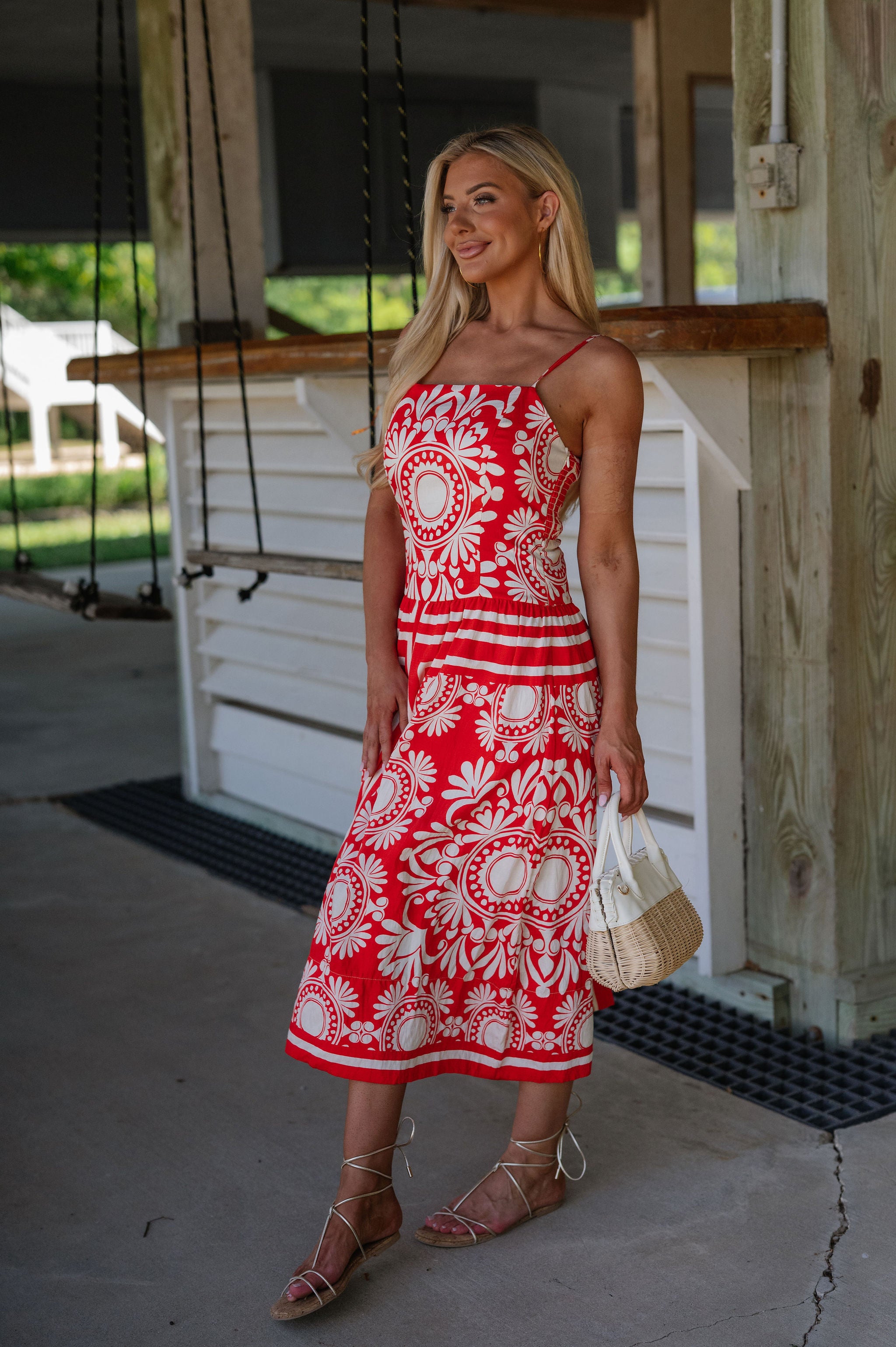 Josephine Midi Dress-Red/Ivory