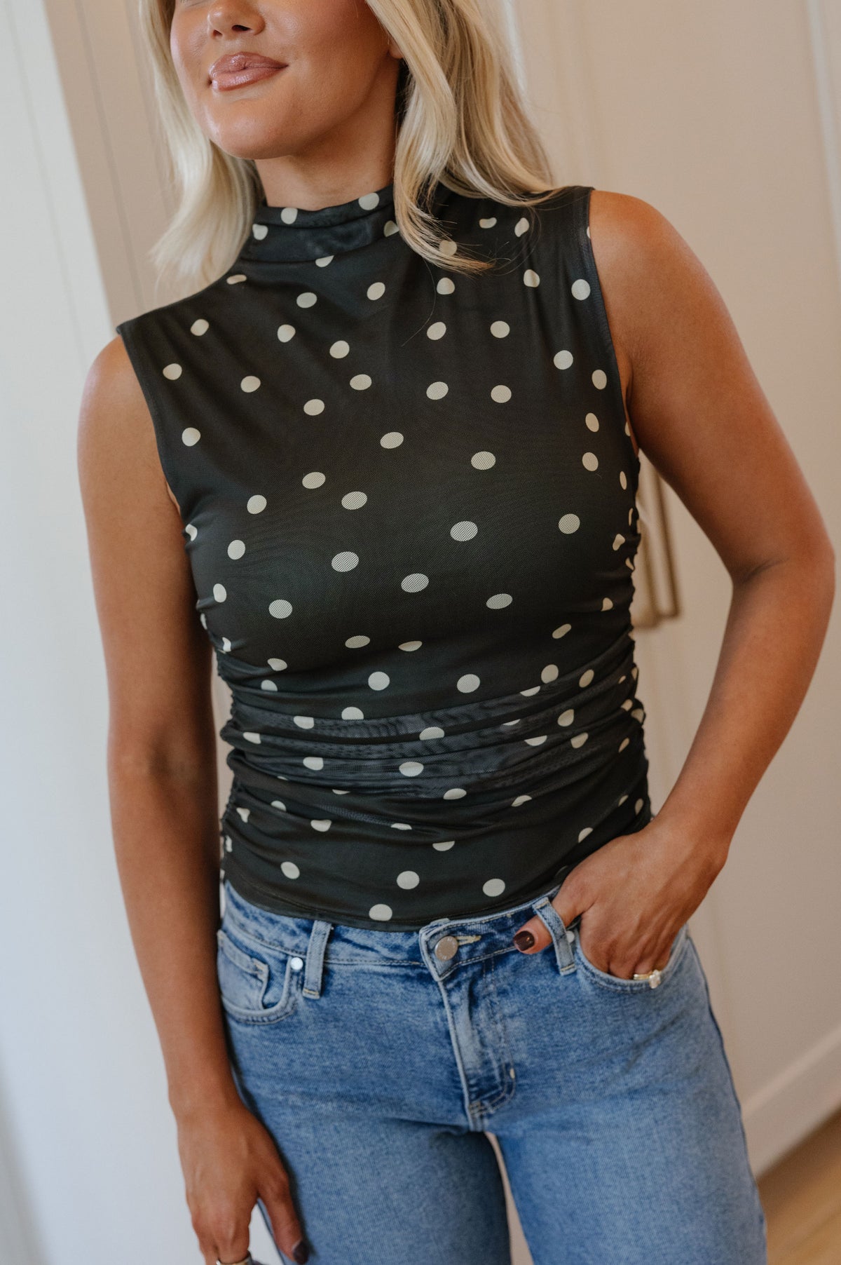 Ruched Mesh Top-Dark Green Polka Dot