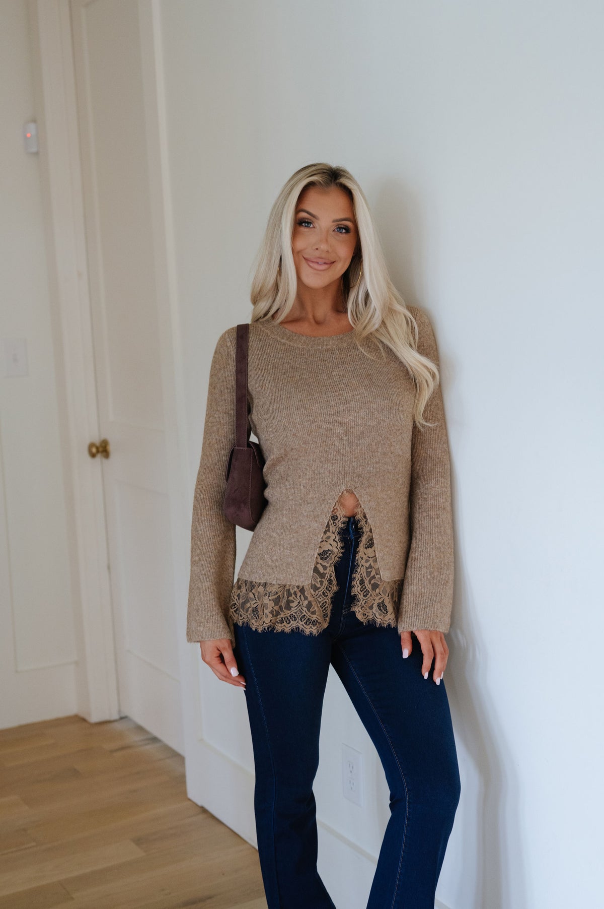 Maggie Knit Bell-Sleeve Sweater-Taupe
