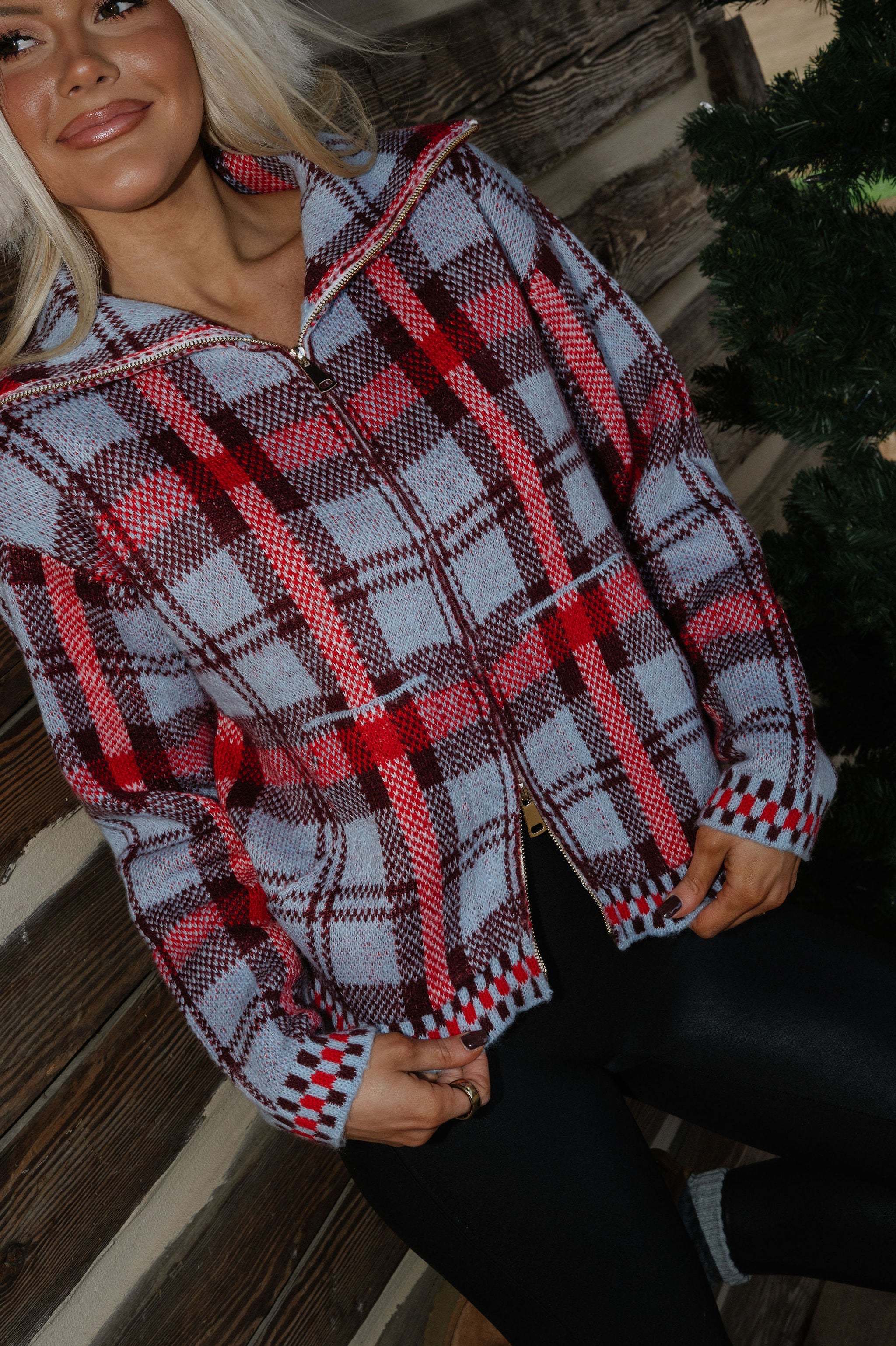 Plaid Knit Zip Sweater-Blue Multi