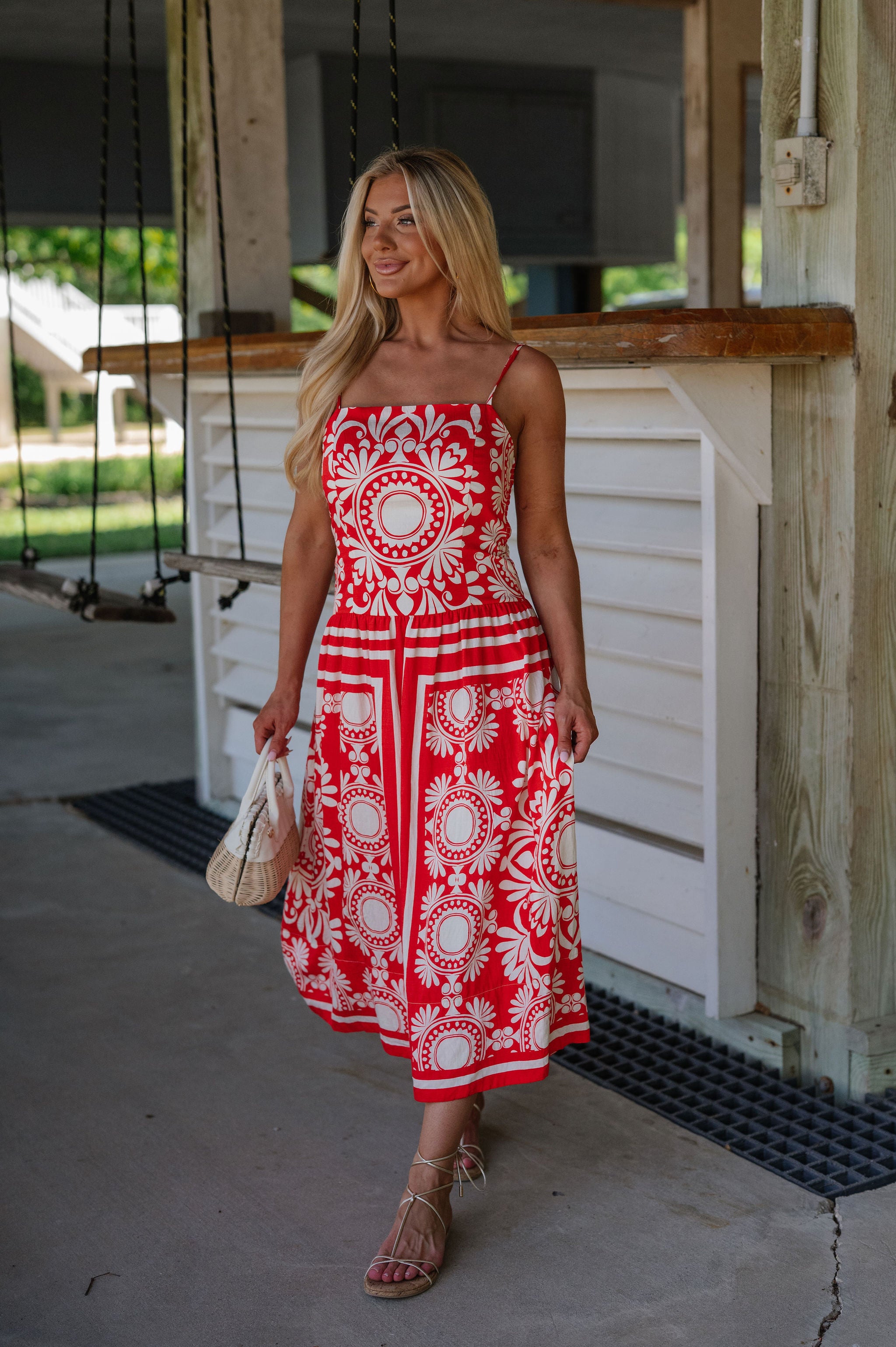 Josephine Midi Dress-Red/Ivory