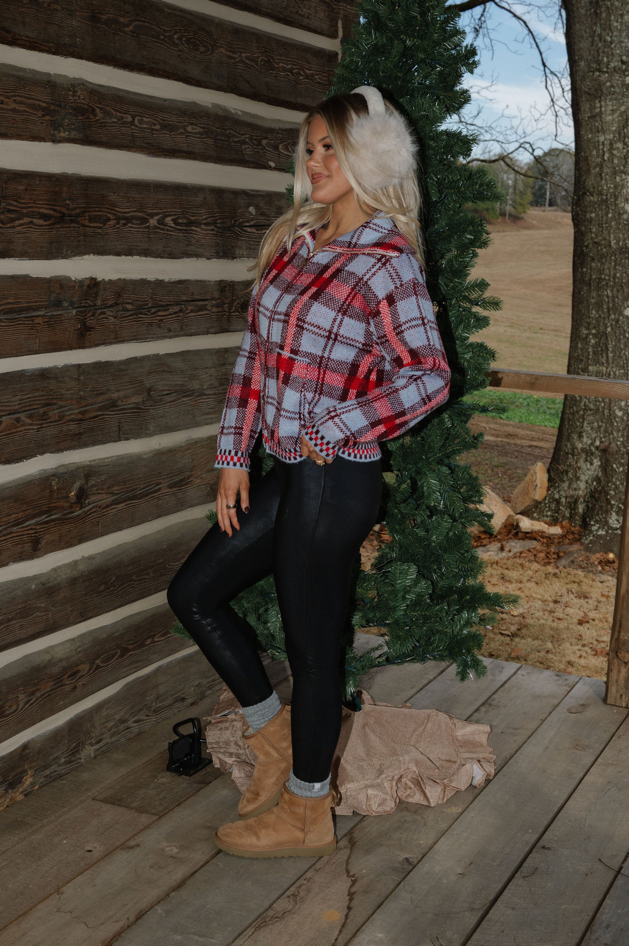 Plaid Knit Zip Sweater-Blue Multi