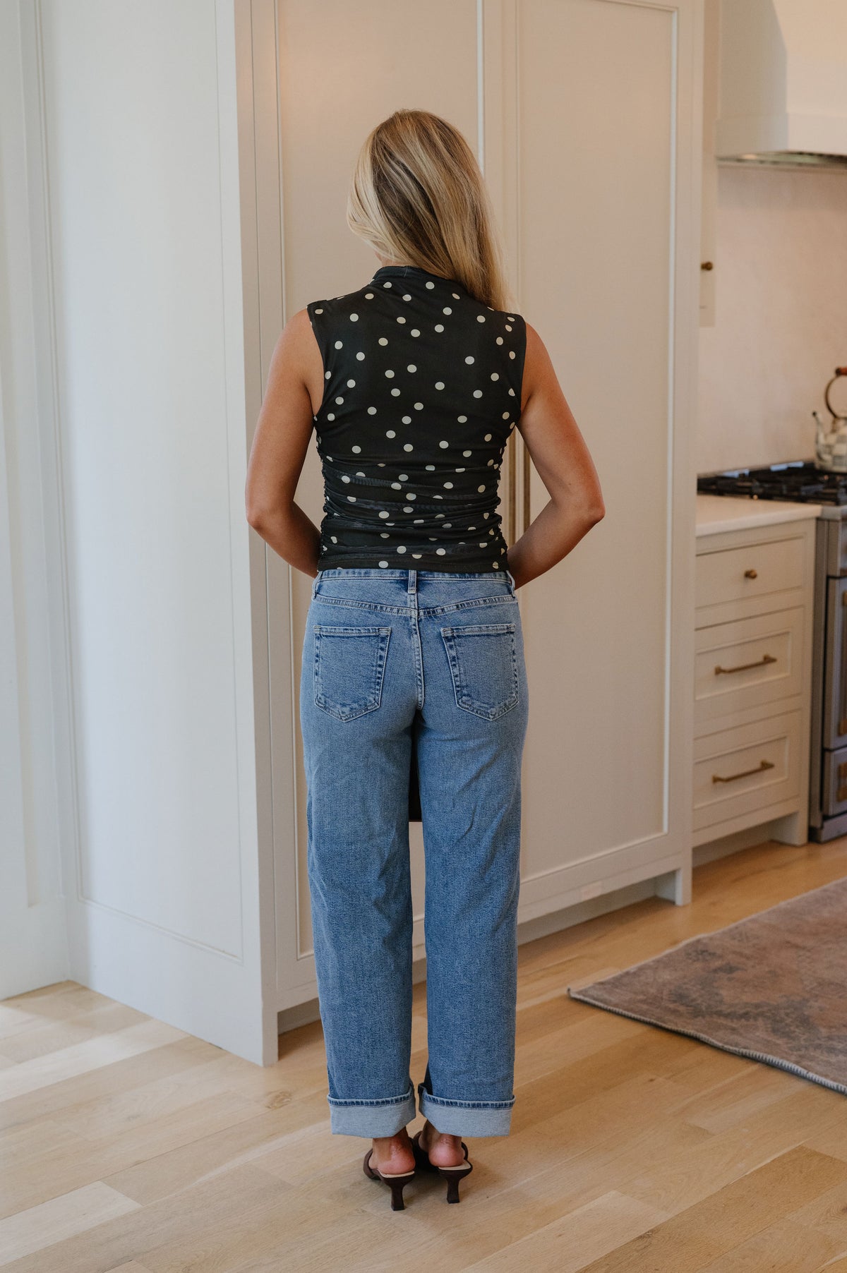 Ruched Mesh Top-Dark Green Polka Dot