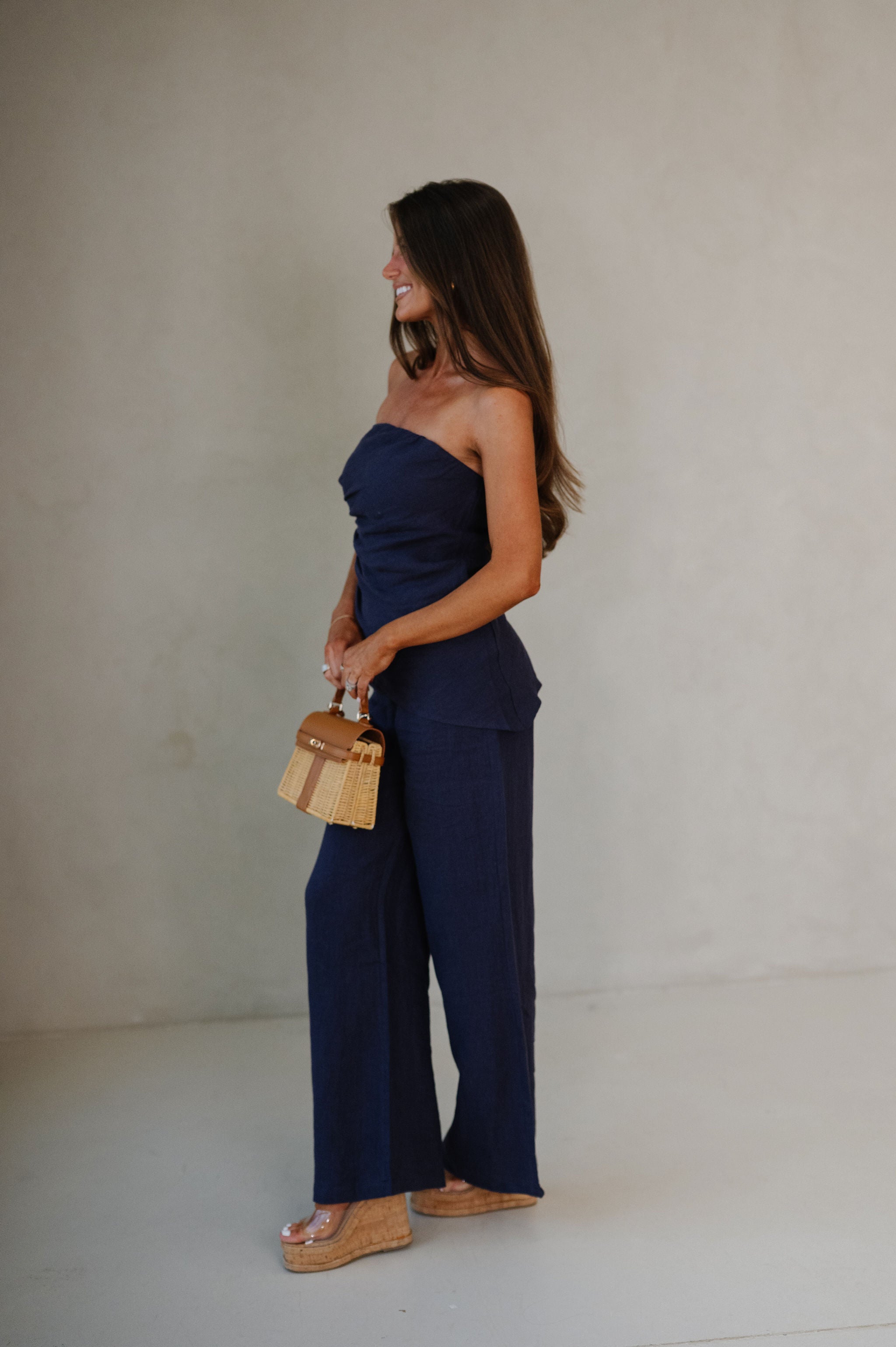 Rita Wide Leg Linen Pants-Navy