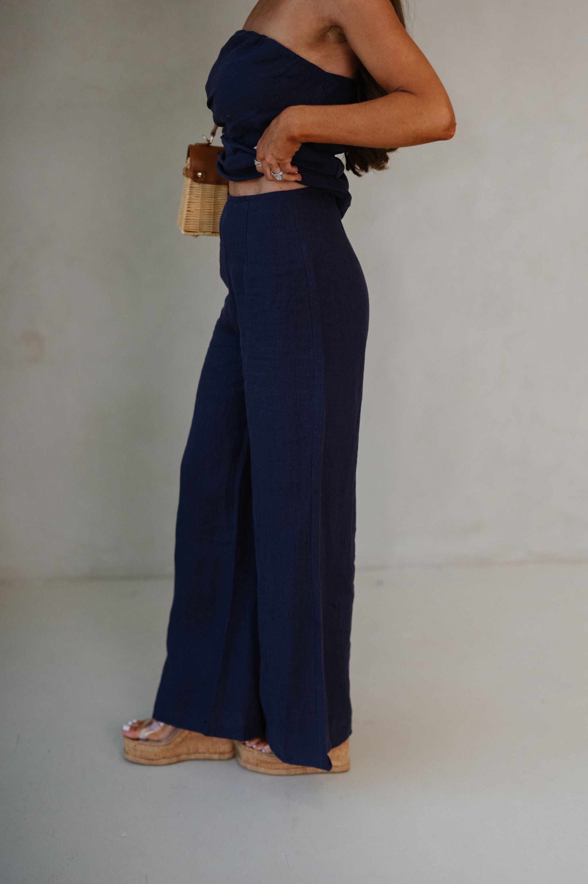 Rita Wide Leg Linen Pants-Navy
