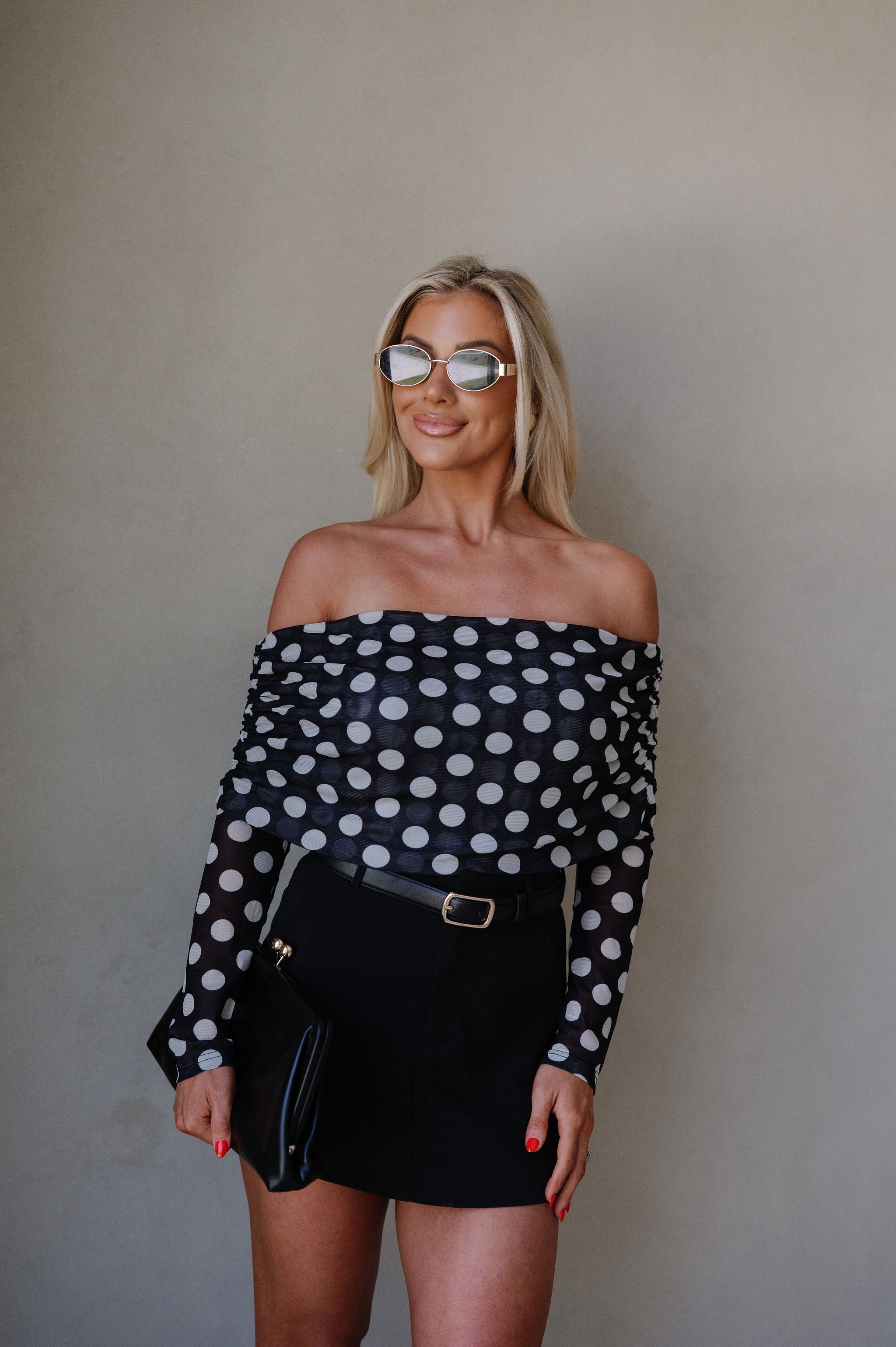 Valorie OTS Polka Dot Top-Black/Cream