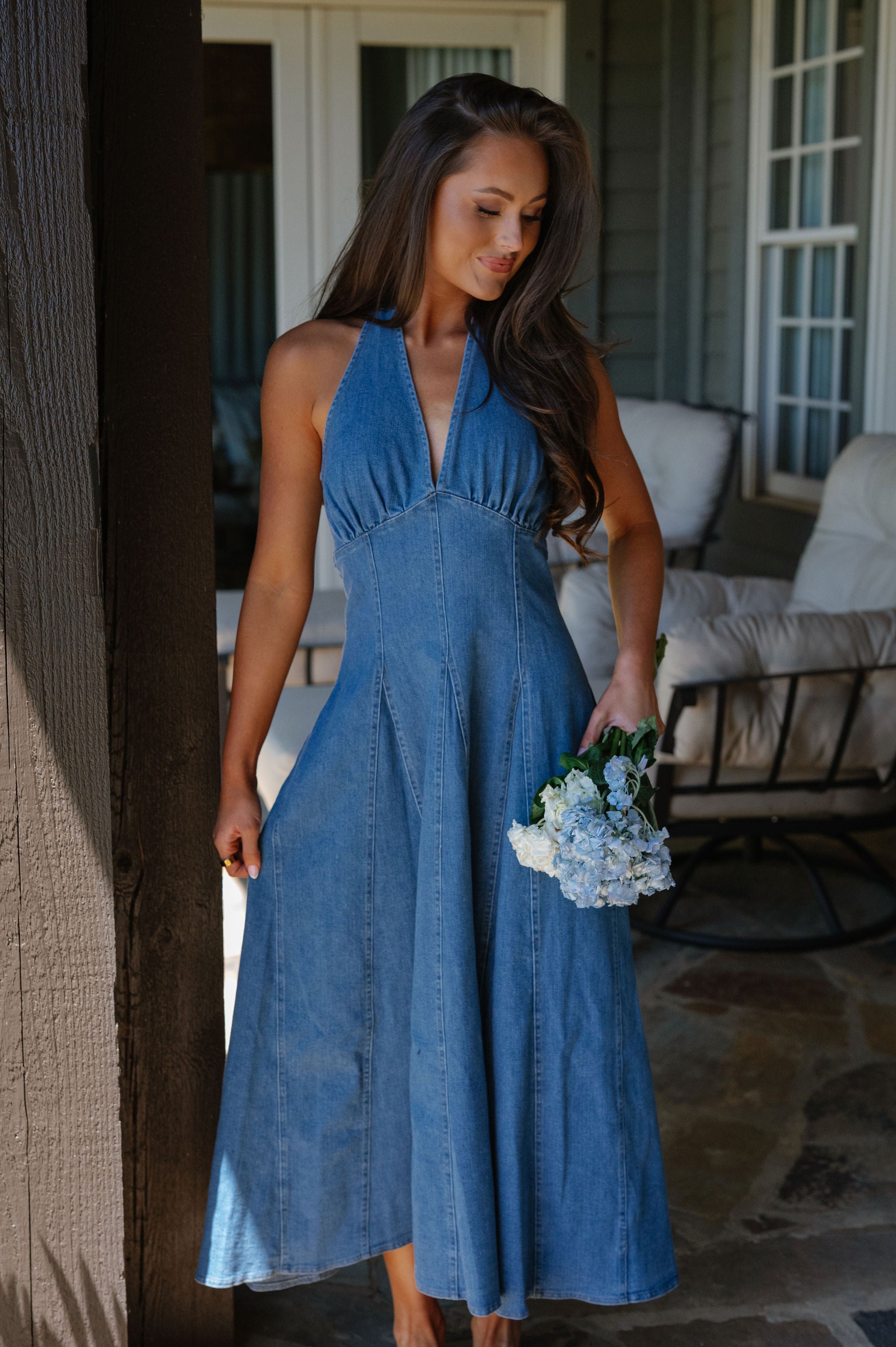 Delaney Halter Denim Midi Dress