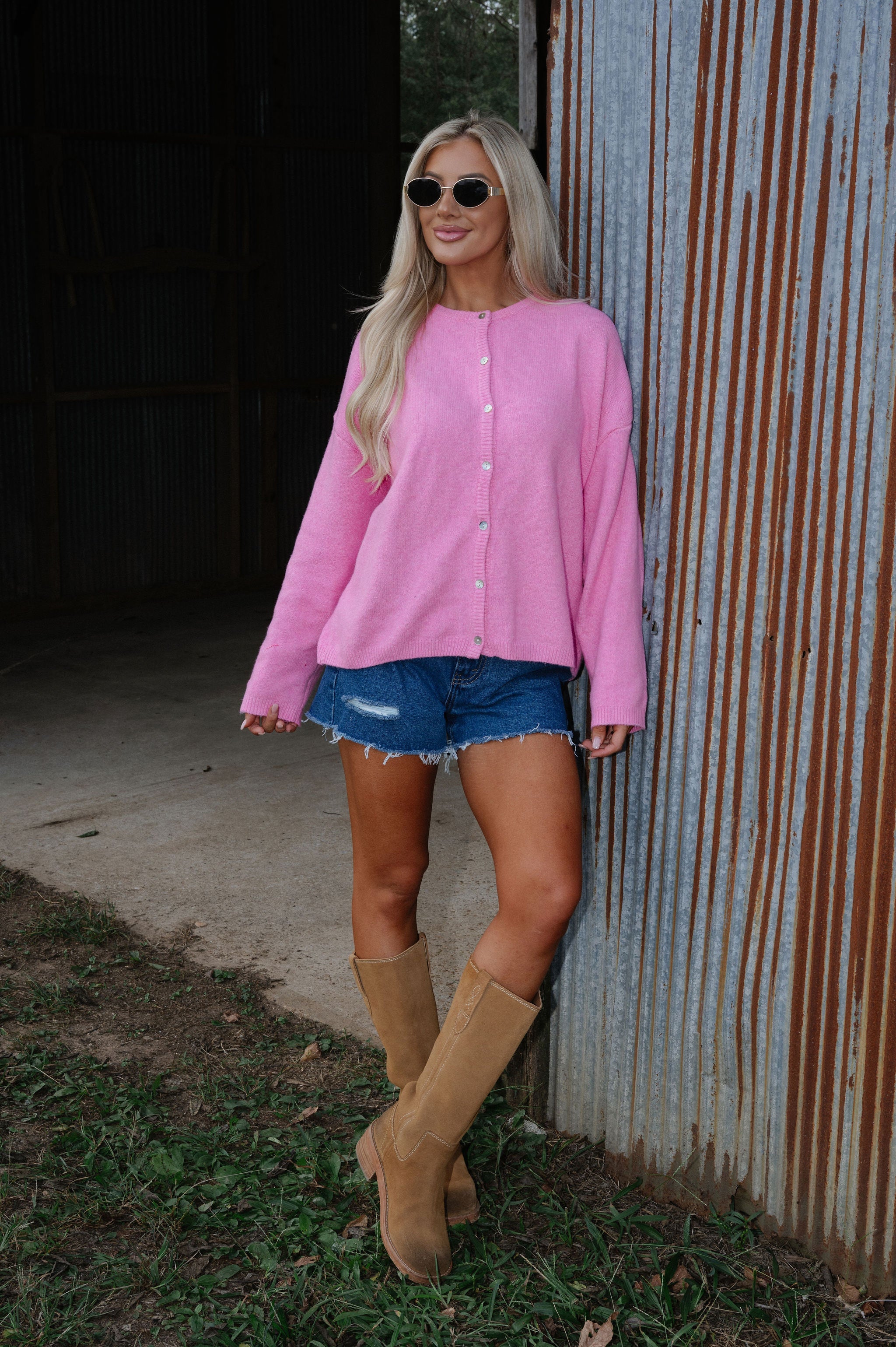 Long Sleeve Crew Neck Sweater Cardigan-Pink