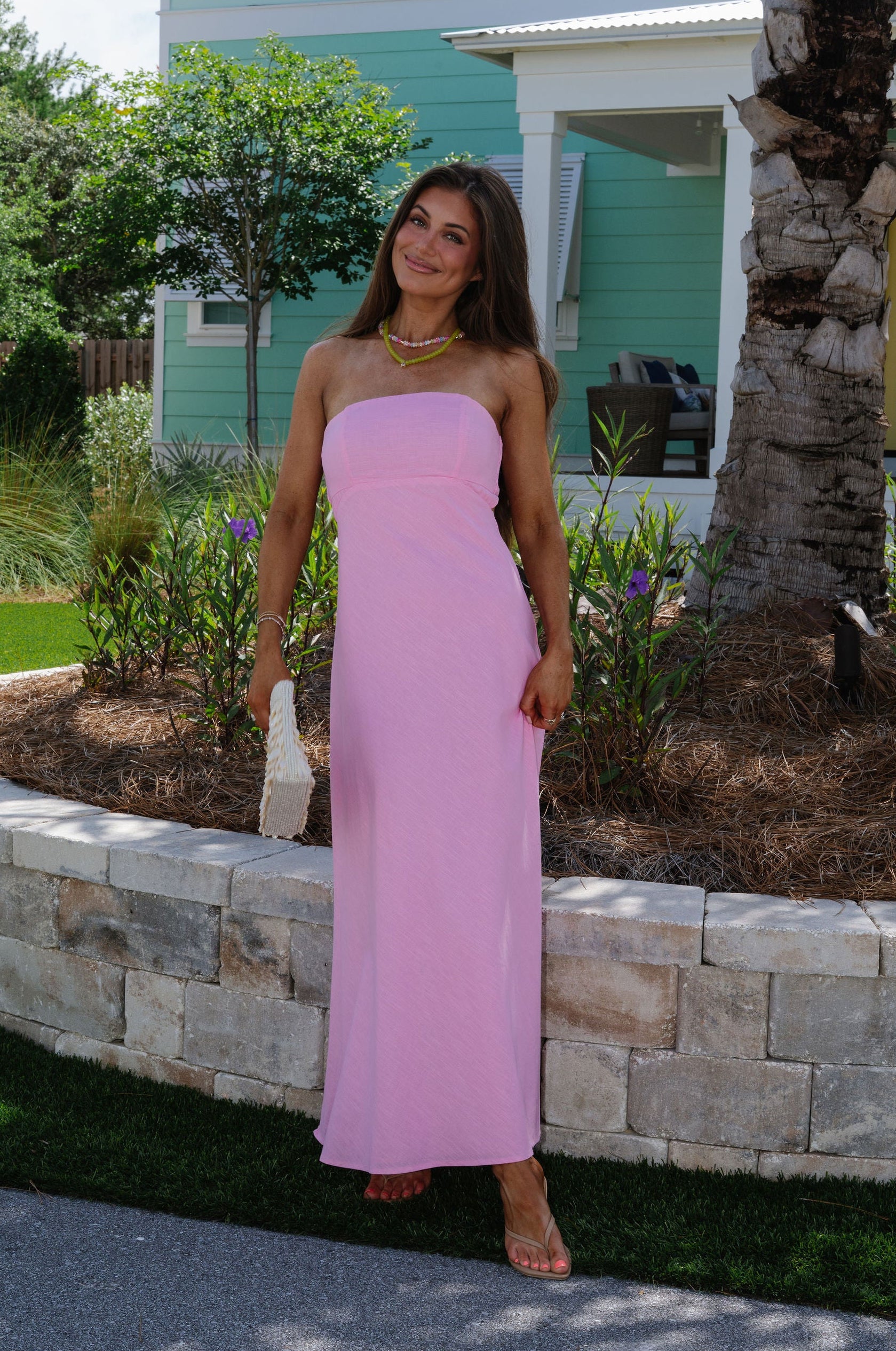 Lexie Linen Strapless Dress-Pink