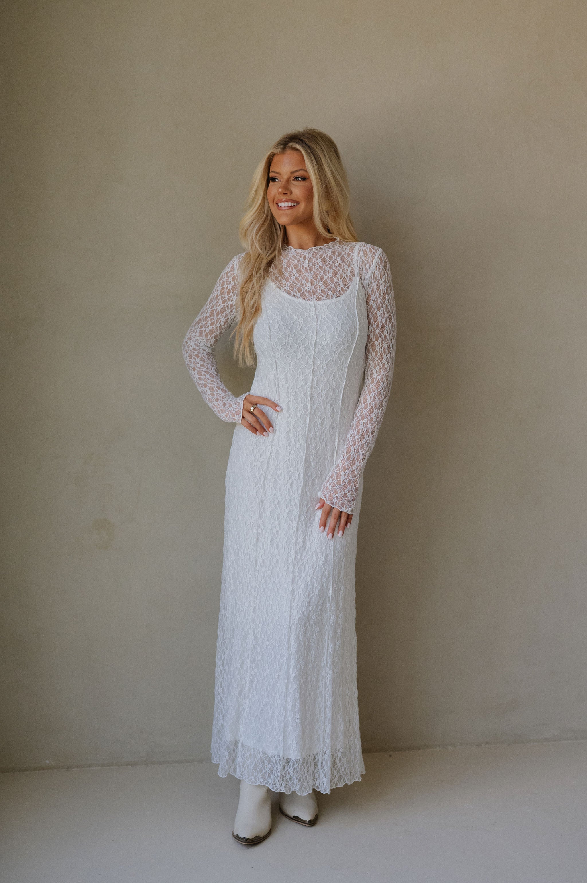 Mock Neck Lace Maxi Dress-White