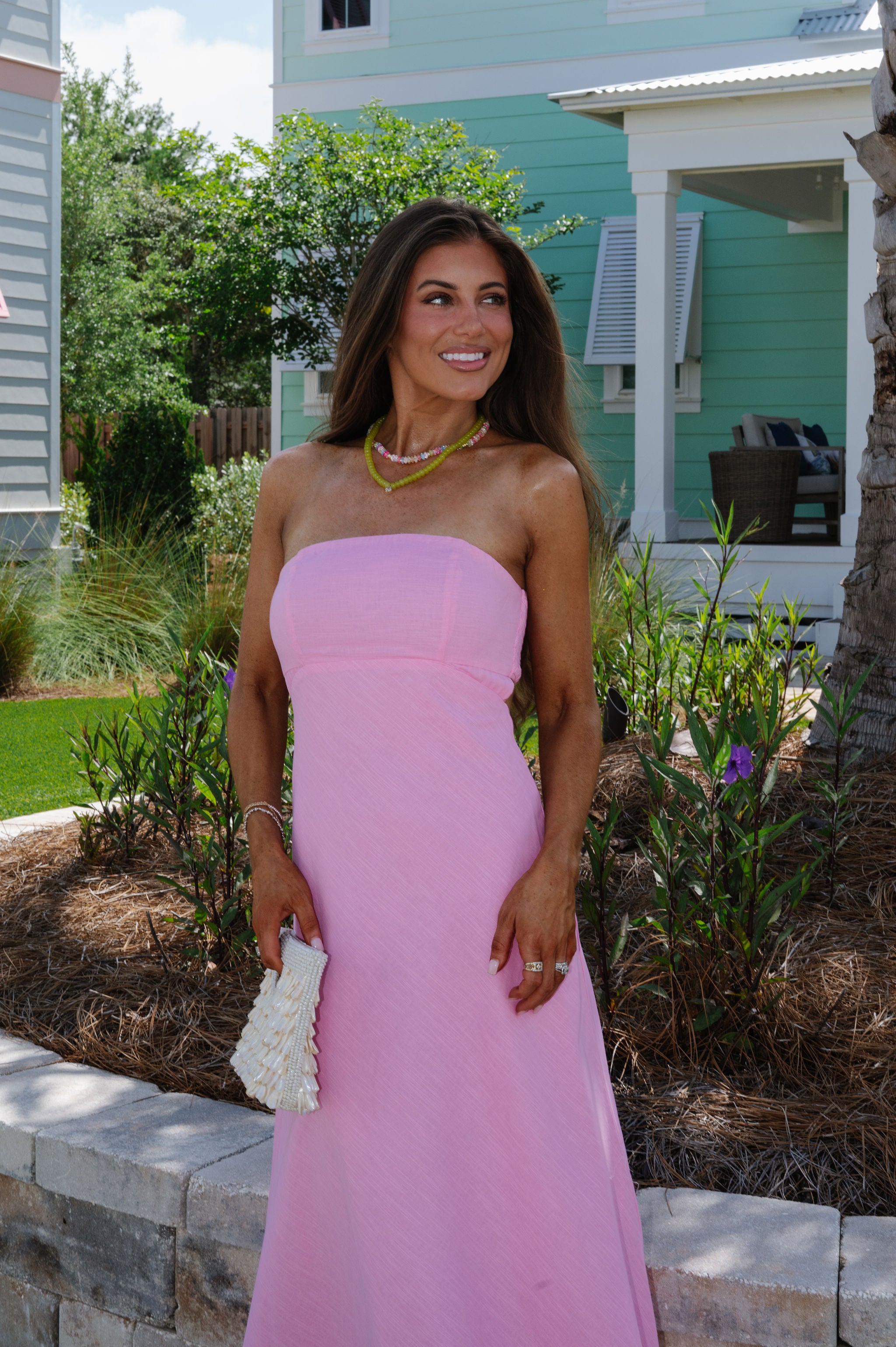 Lexie Linen Strapless Dress-Pink