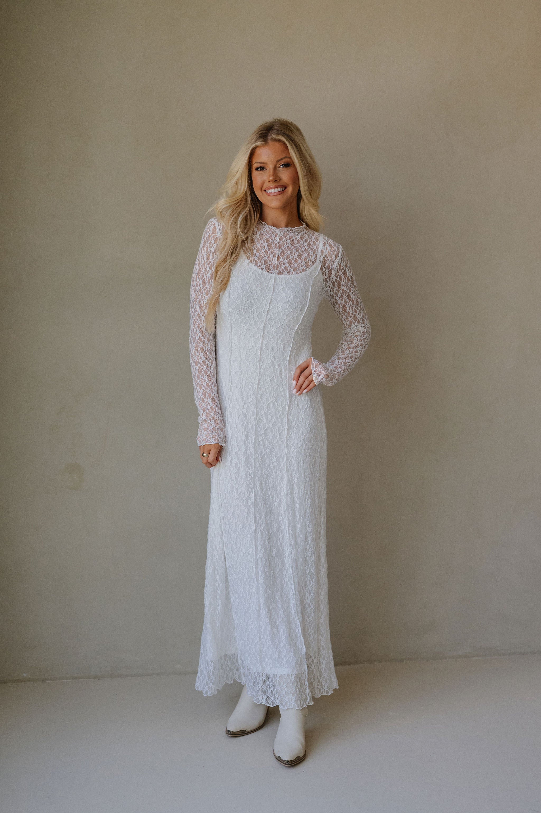 Mock Neck Lace Maxi Dress-White