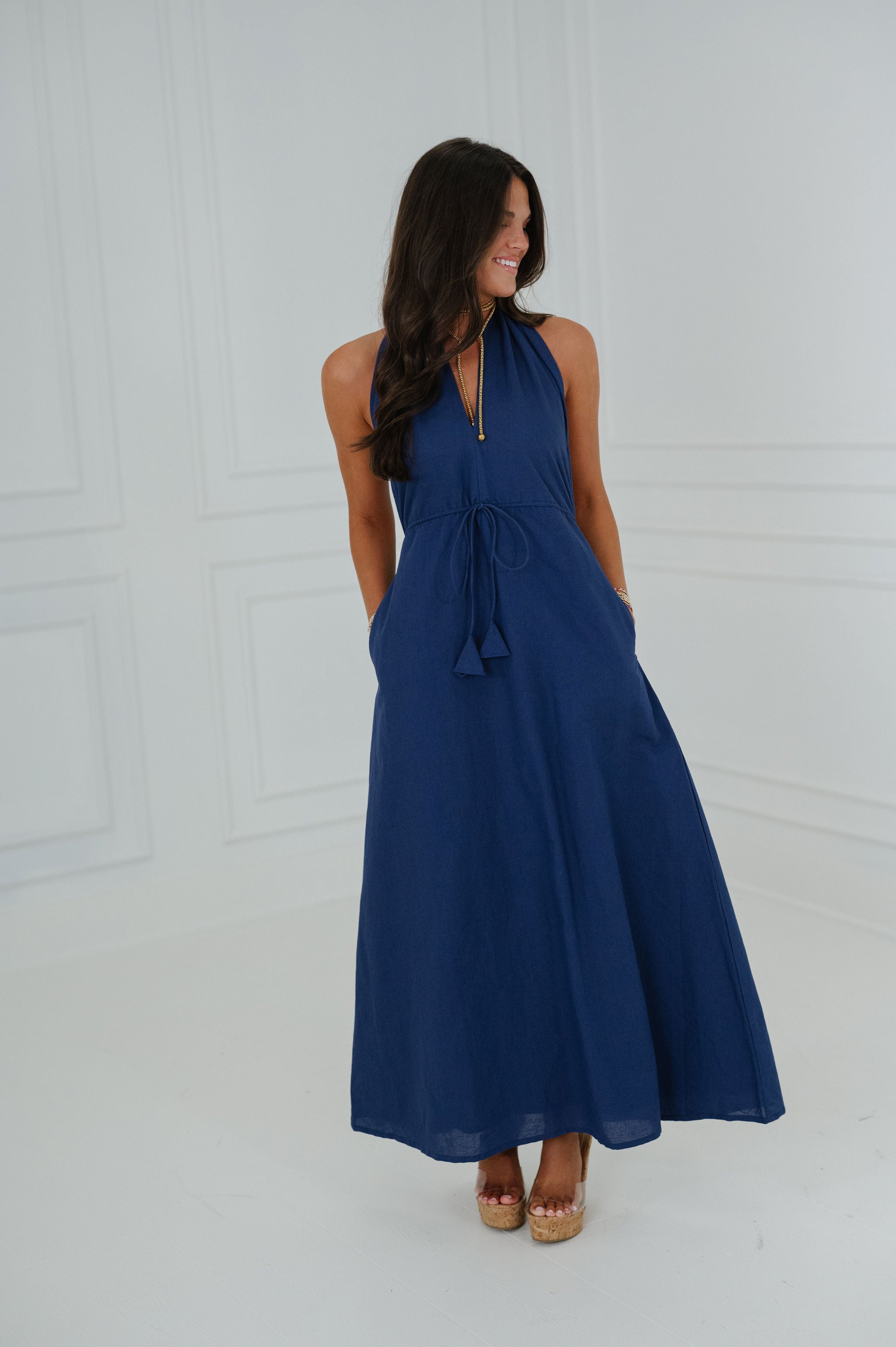halter dress navy blue Ainsley Dress-Navy L SIZE:UK 20 Style:SLGD3050 Fit + Flare Denim an asymmetric high round