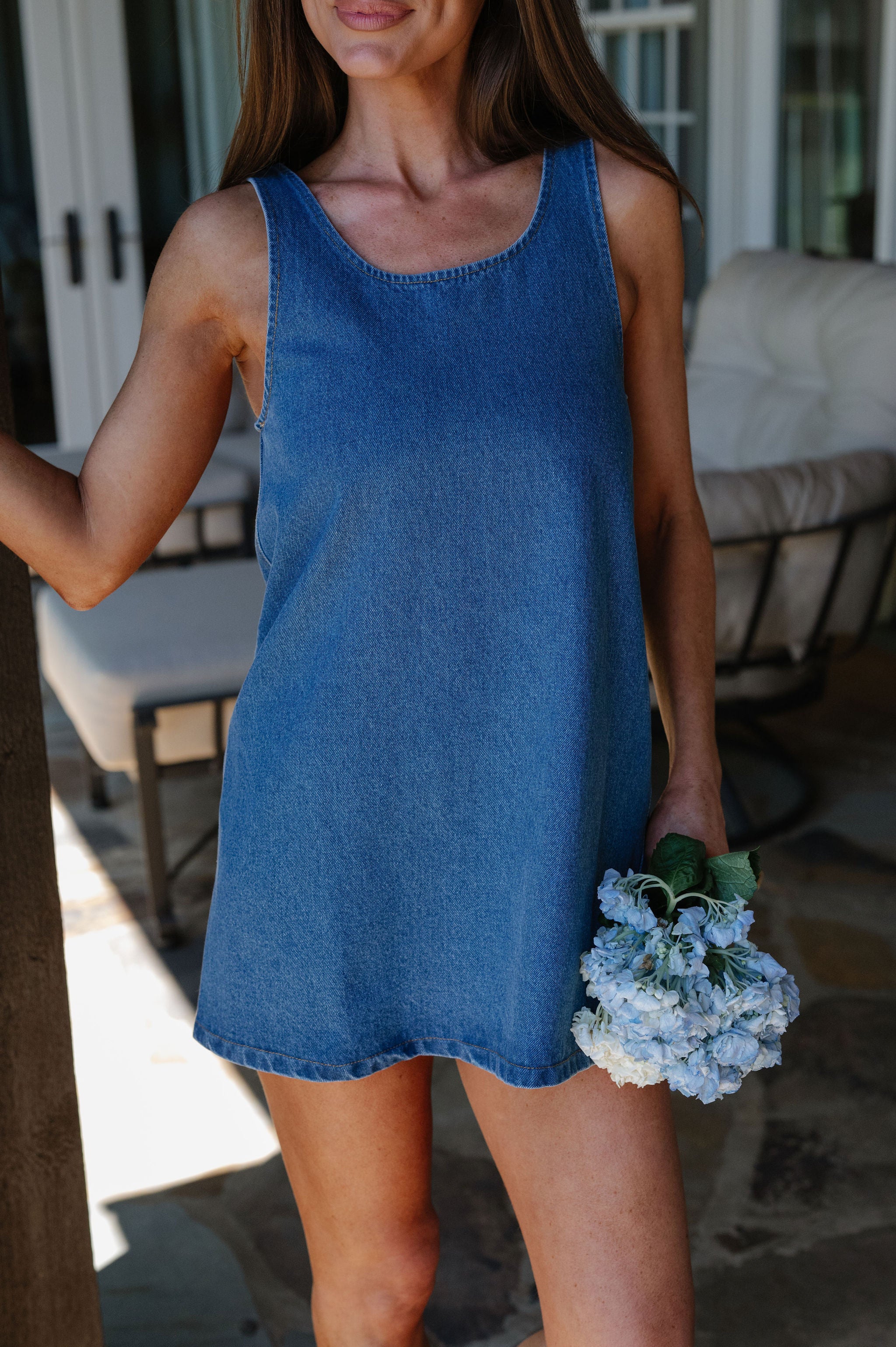 Sophia Denim Round Neck Mini Dress// PETITE