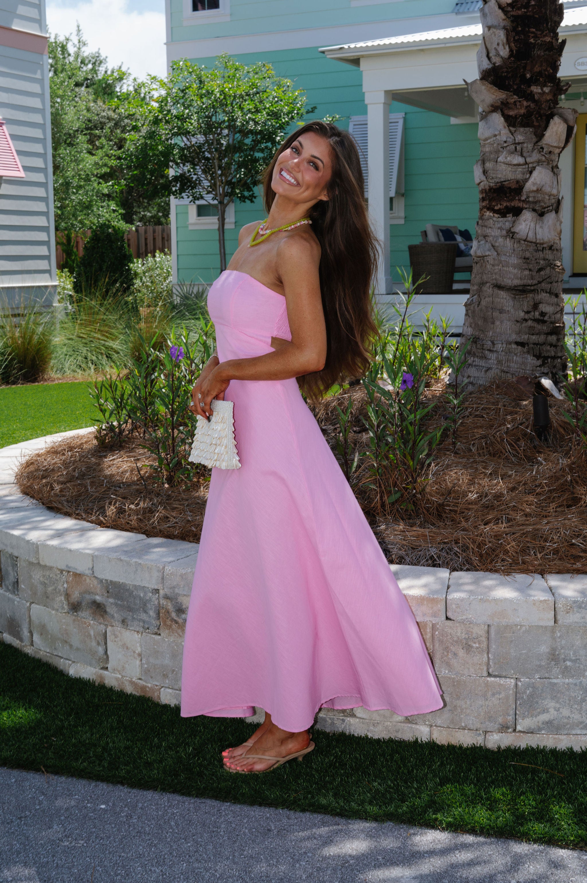 Lexie Linen Strapless Dress-Pink