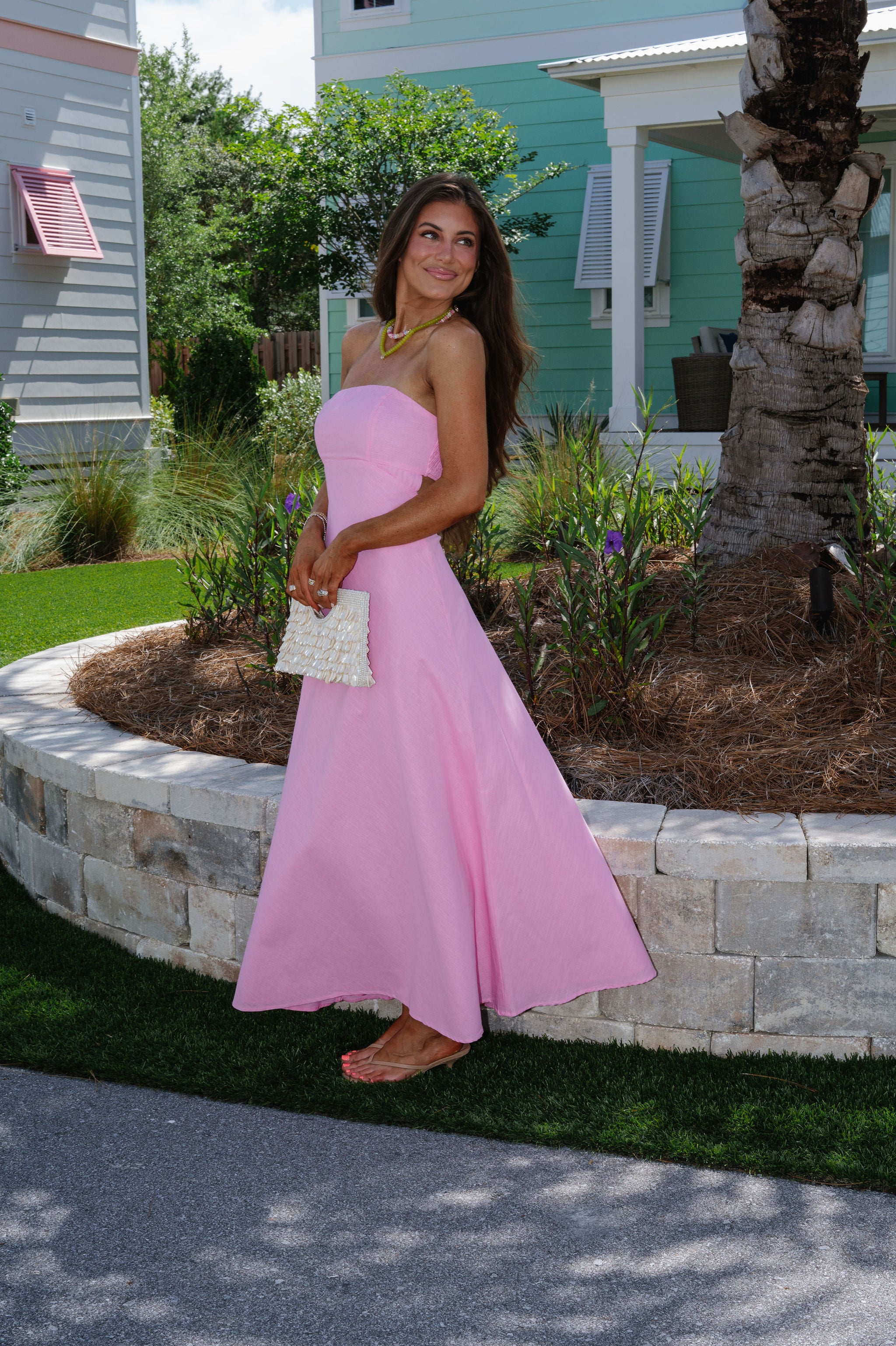 Lexie Linen Strapless Dress-Pink