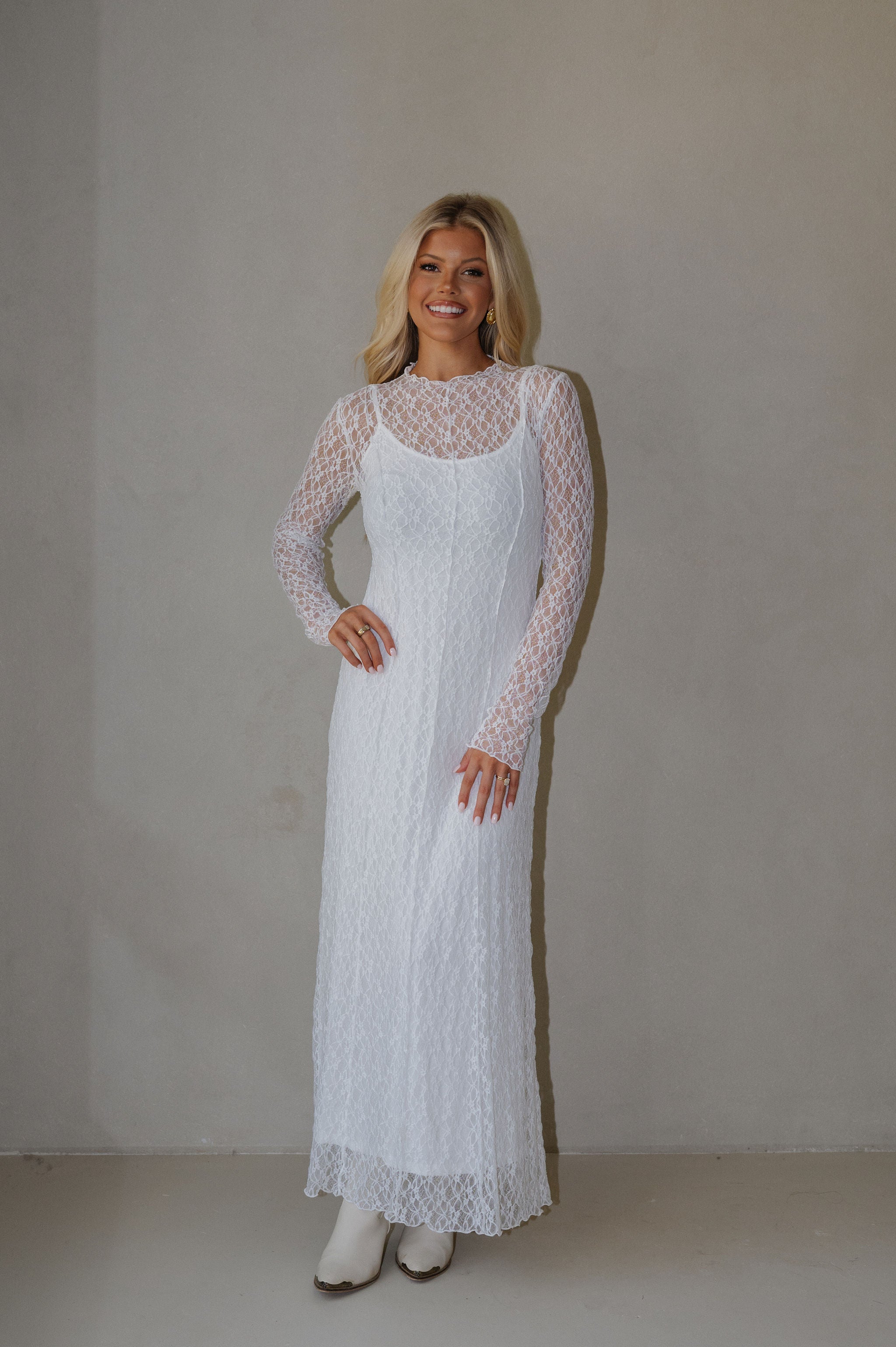 Mock Neck Lace Maxi Dress-White