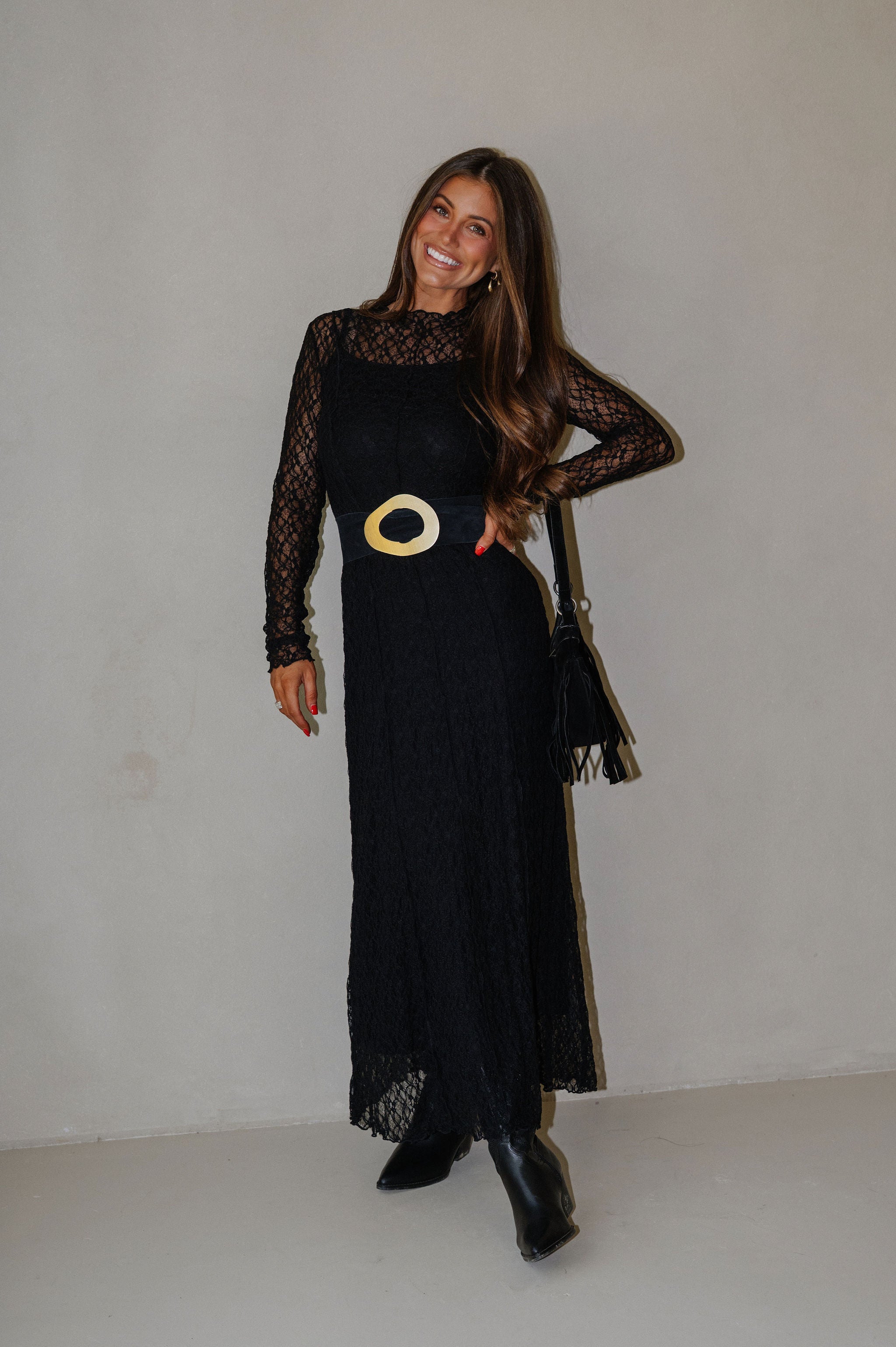 Mock Neck Lace Maxi Dress-Black