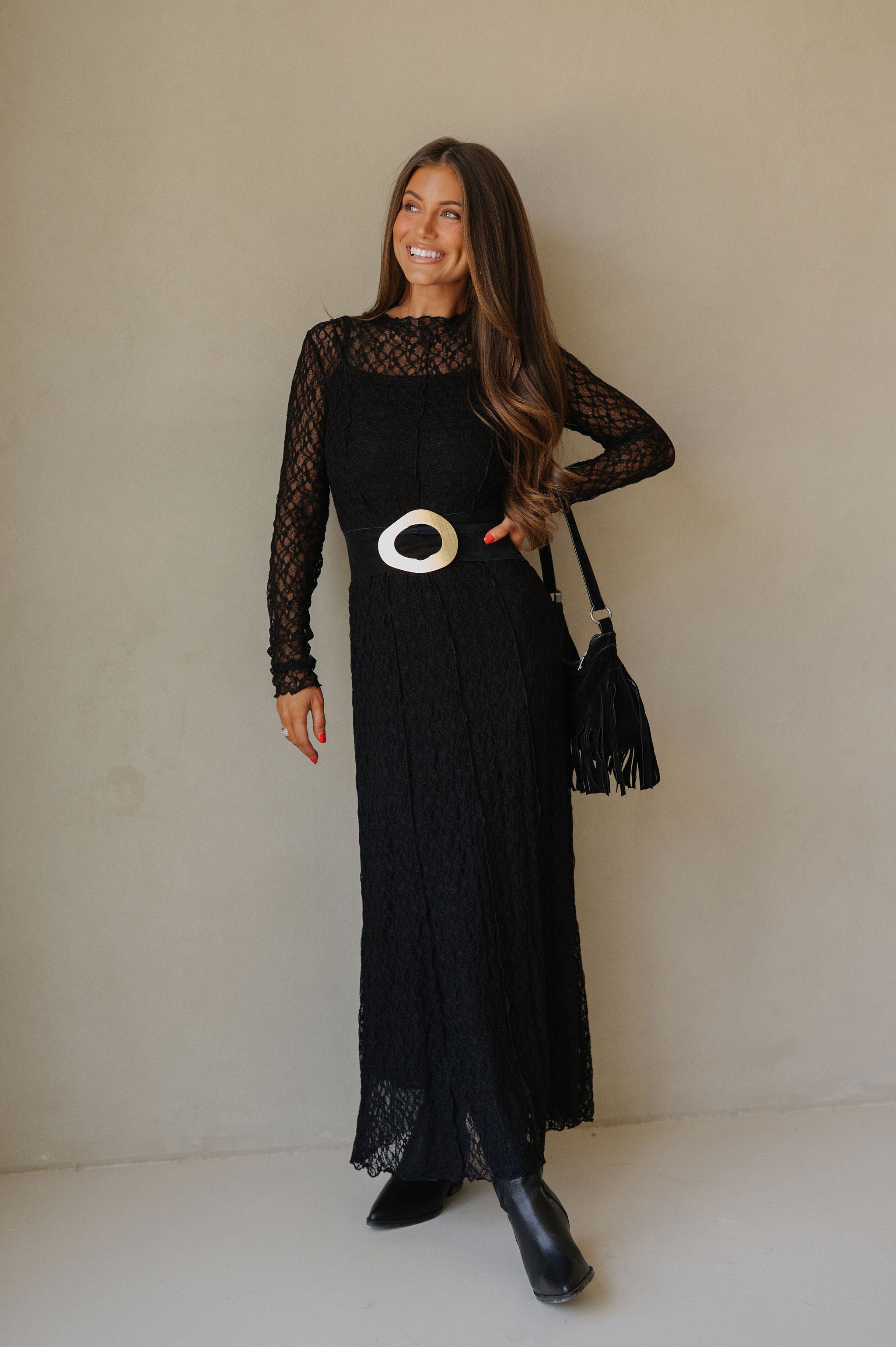Mock Neck Lace Maxi Dress-Black