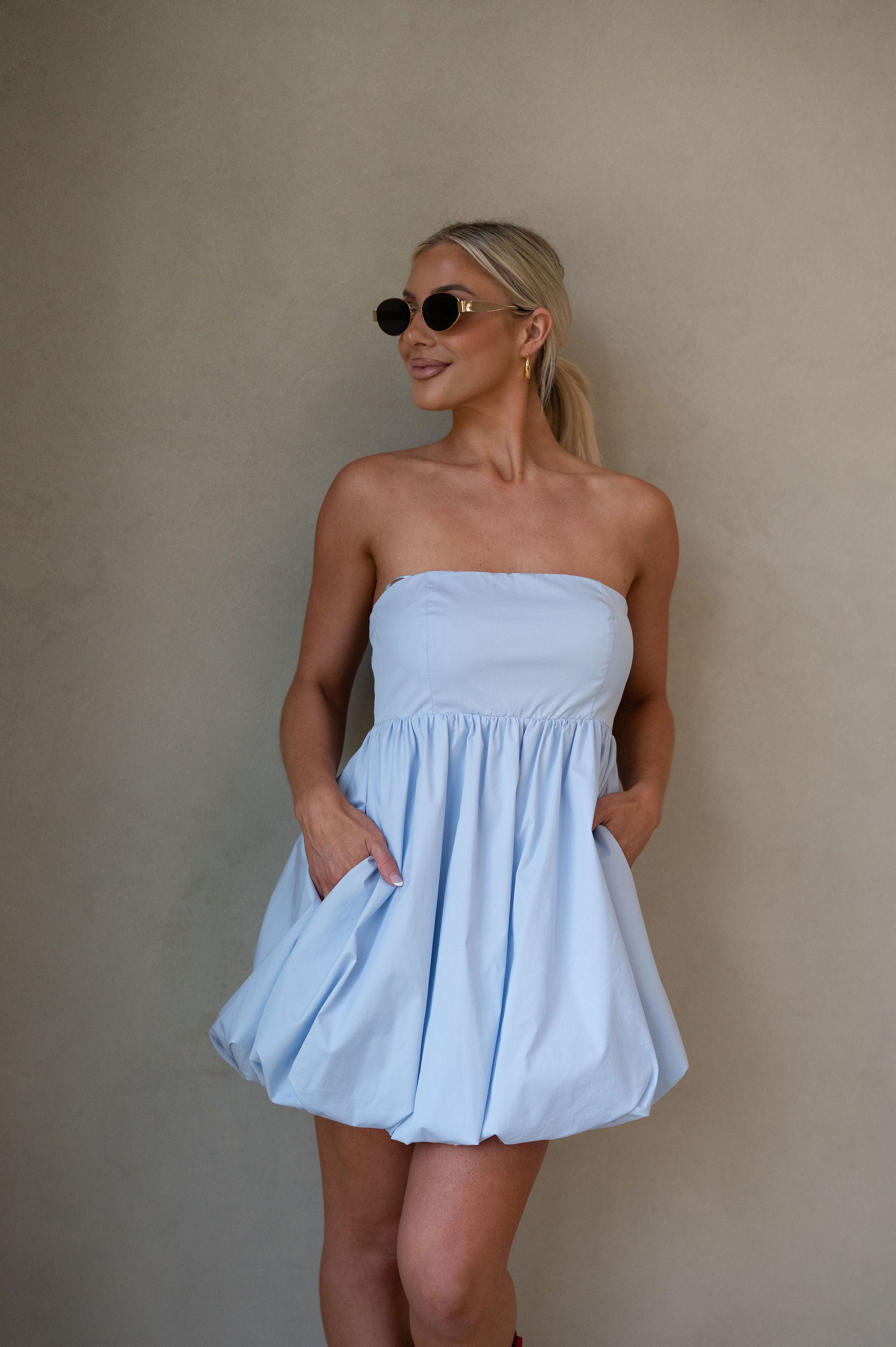 Poplin Bubble Mini Dress-Baby Blue