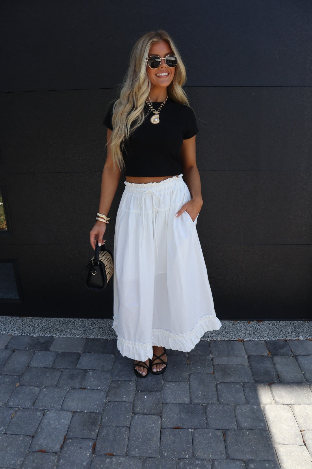 Balloon Hem Midi Skirt-White