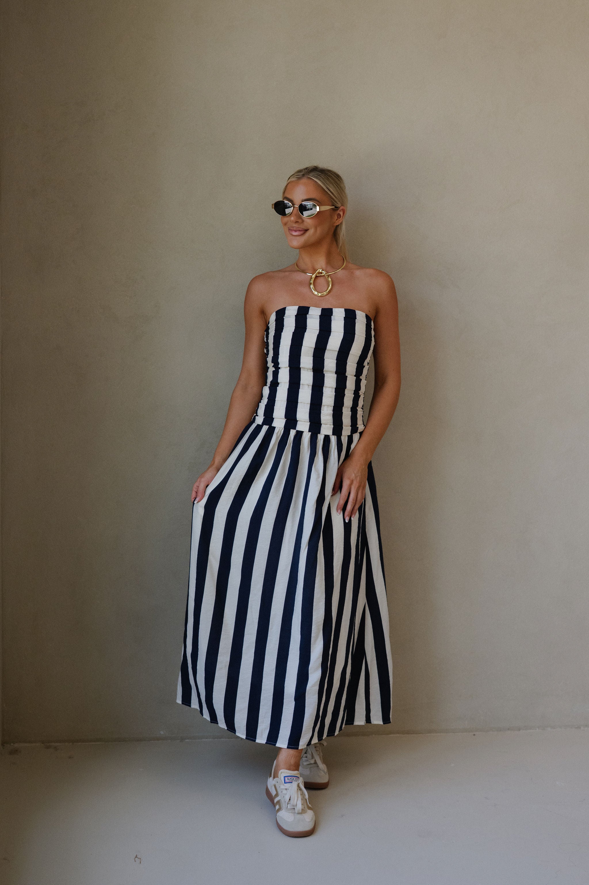 Vertical Stripe Strapless Midi Dress-Navy