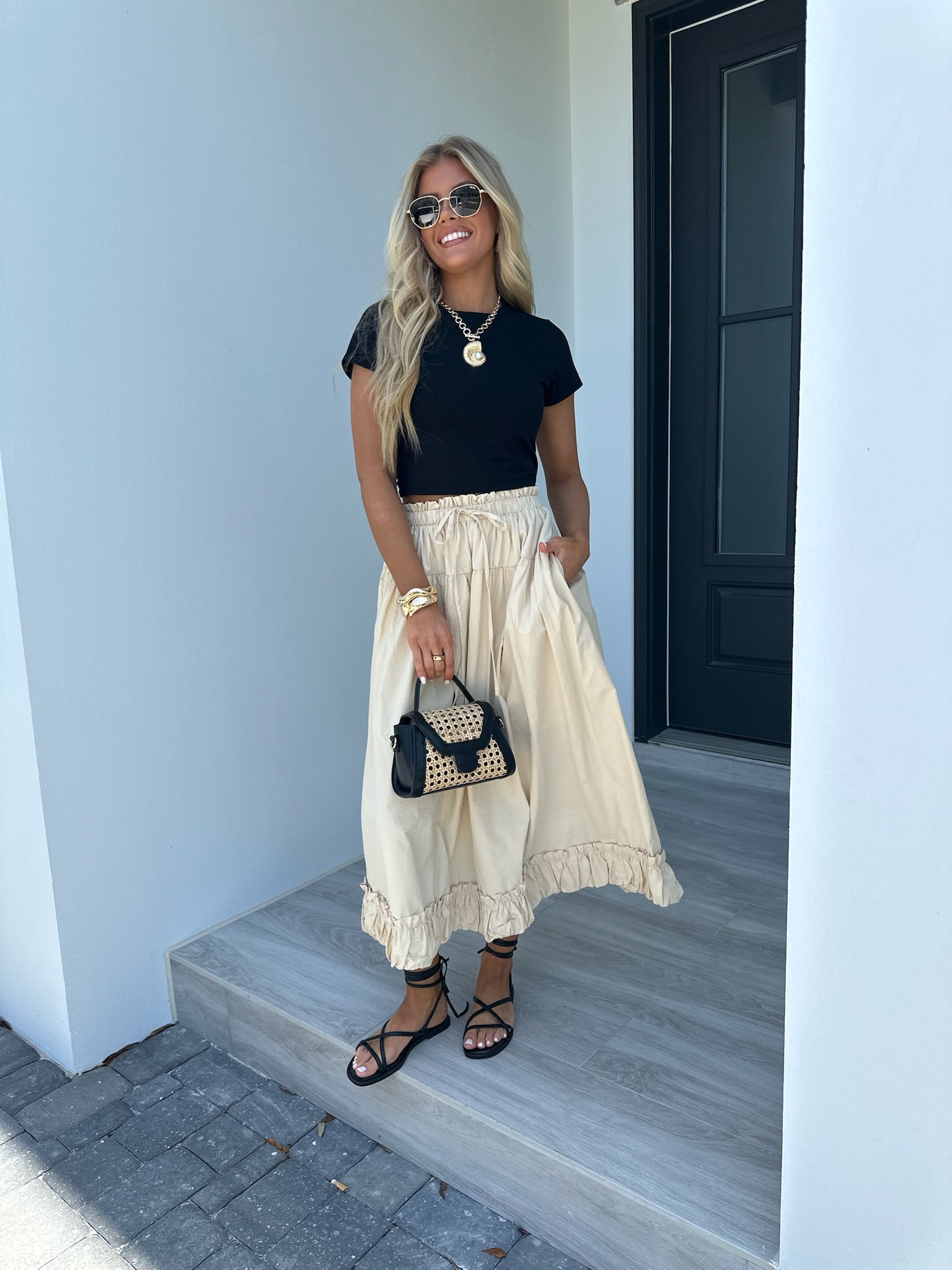 Balloon Hem Midi Skirt-Light Beige