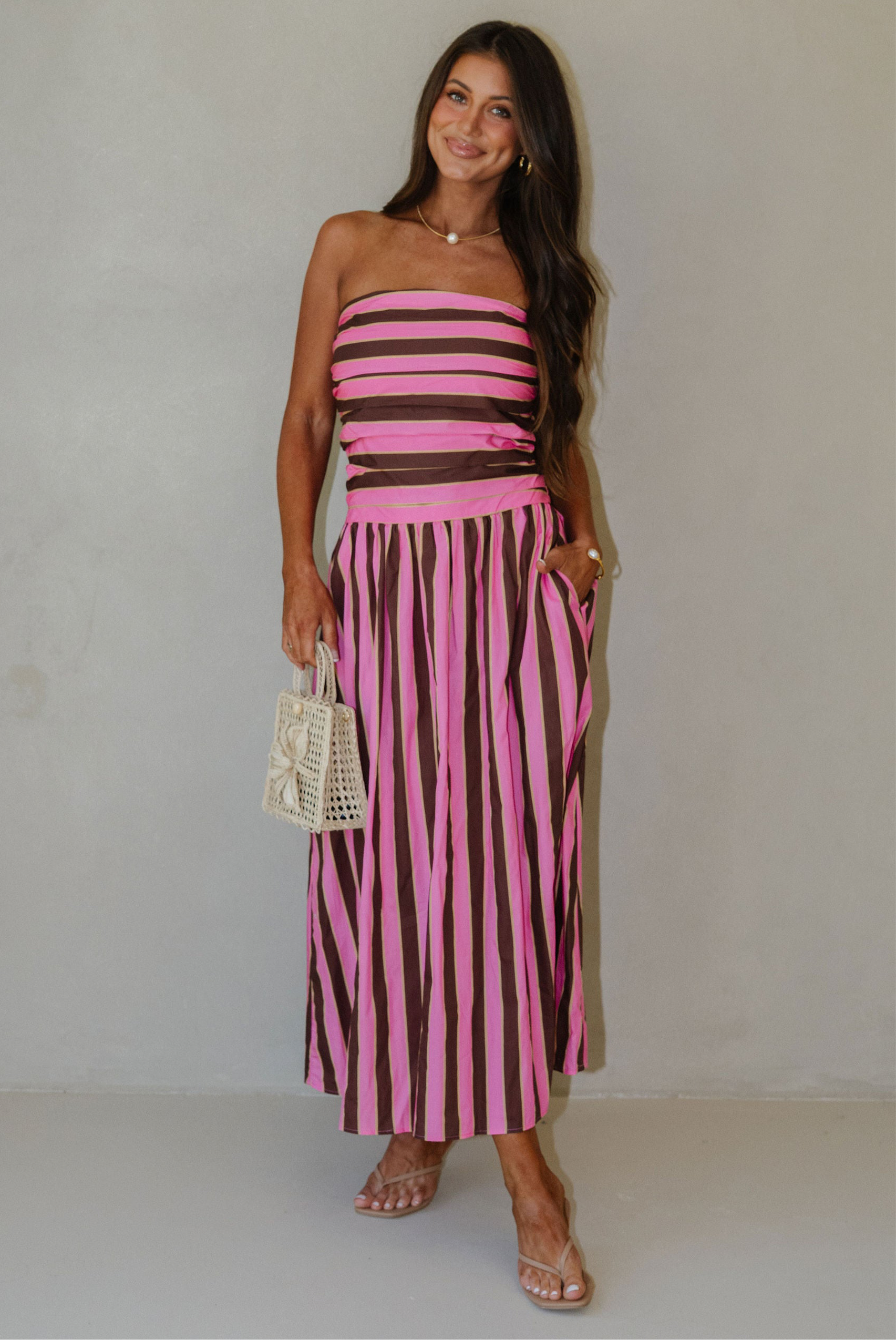 Claire Striped Midi Dress-Fuchsia Multi