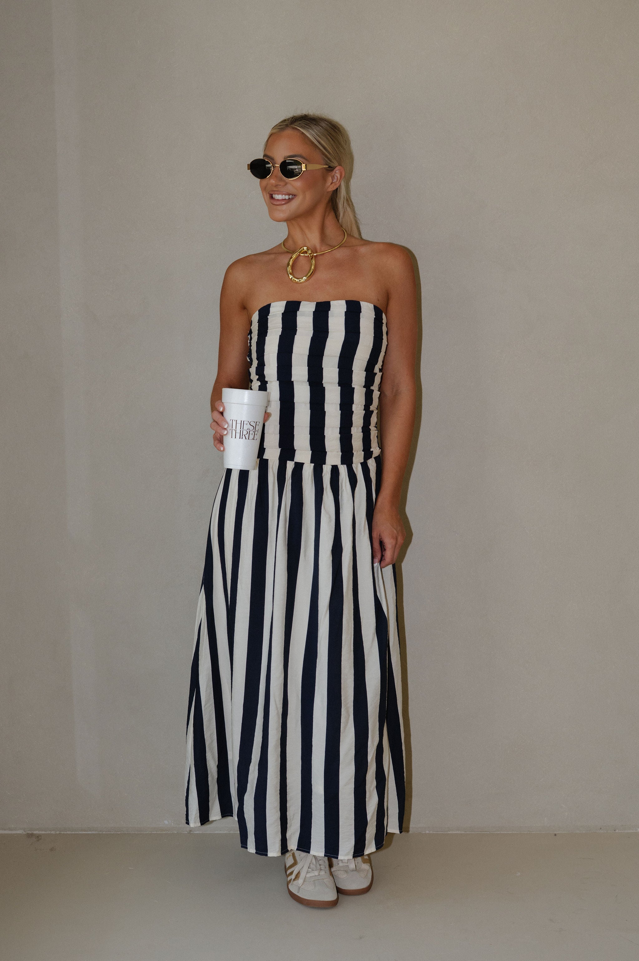Vertical Stripe Strapless Midi Dress-Navy