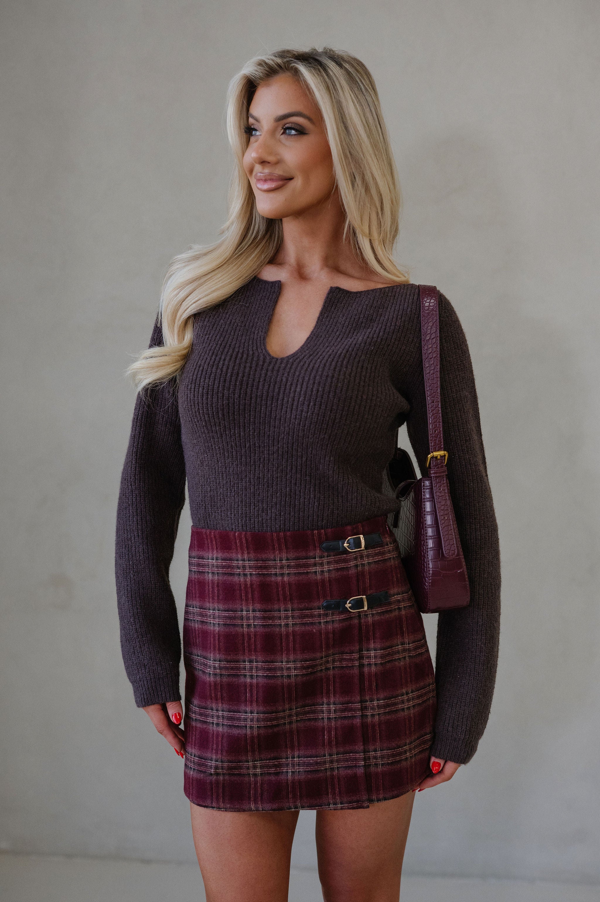 Elise Plaid Buckle Skirt-Burgundy Multi