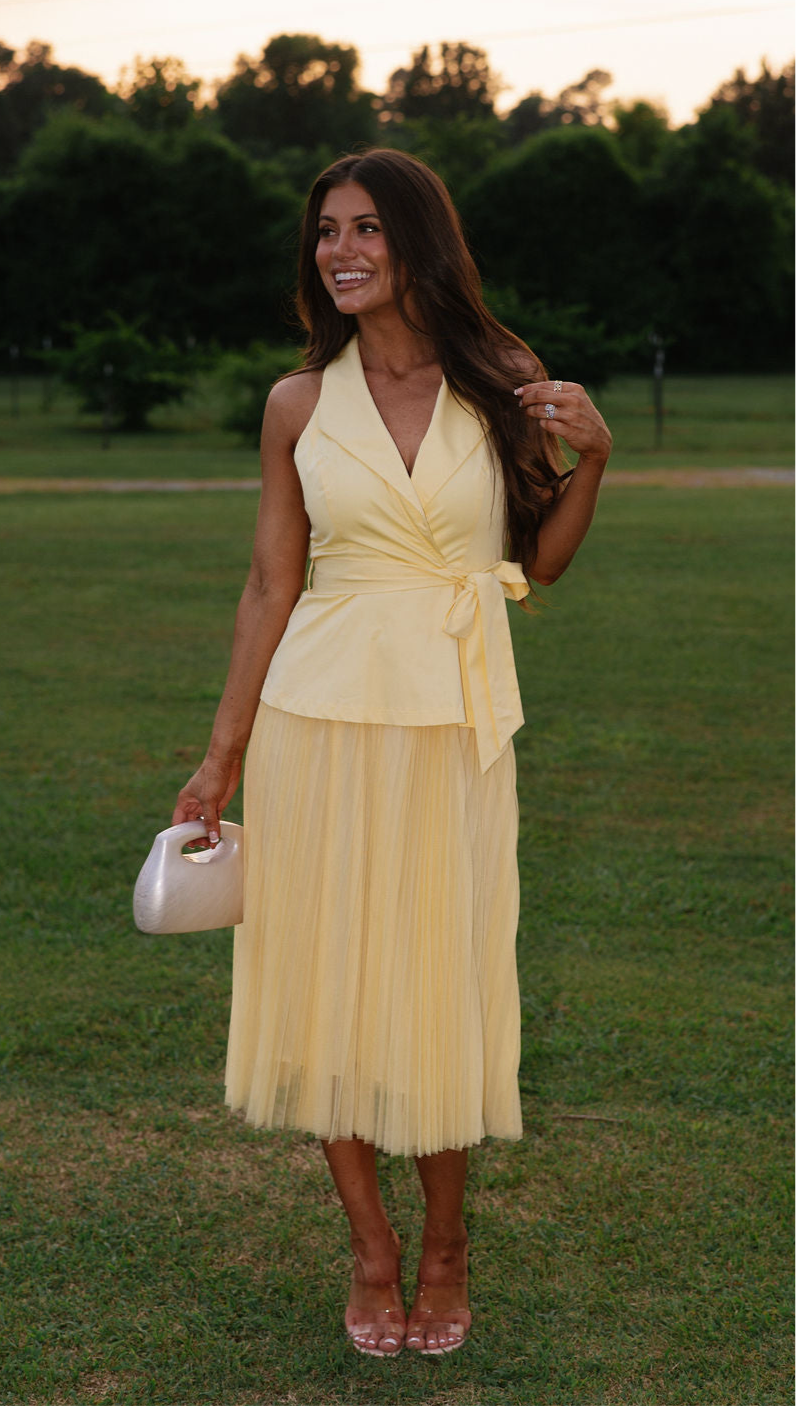 Suit Vest Mesh Midi Dress-Yellow