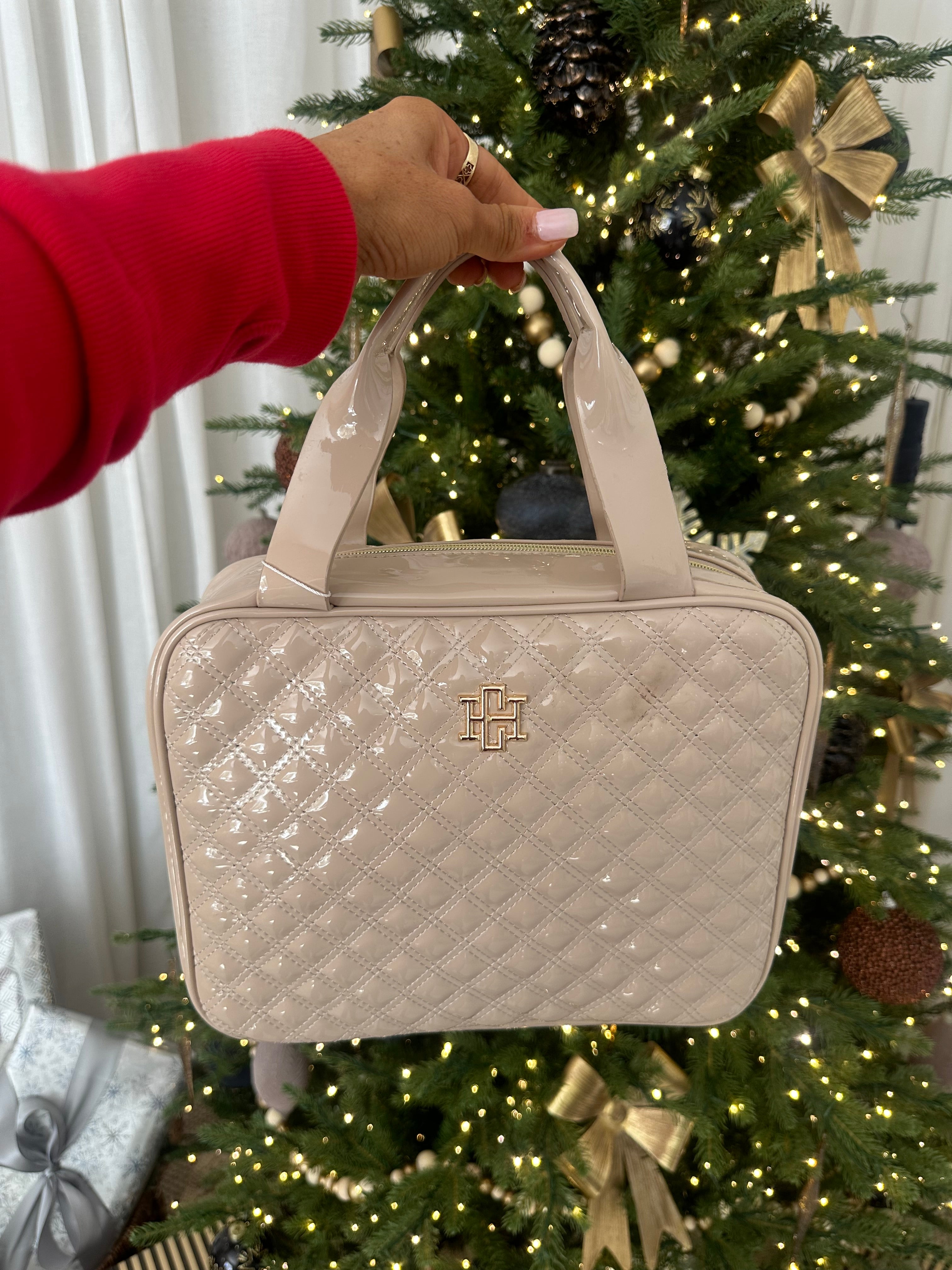 Patent Leather Quilted Makeup Bag- Nude