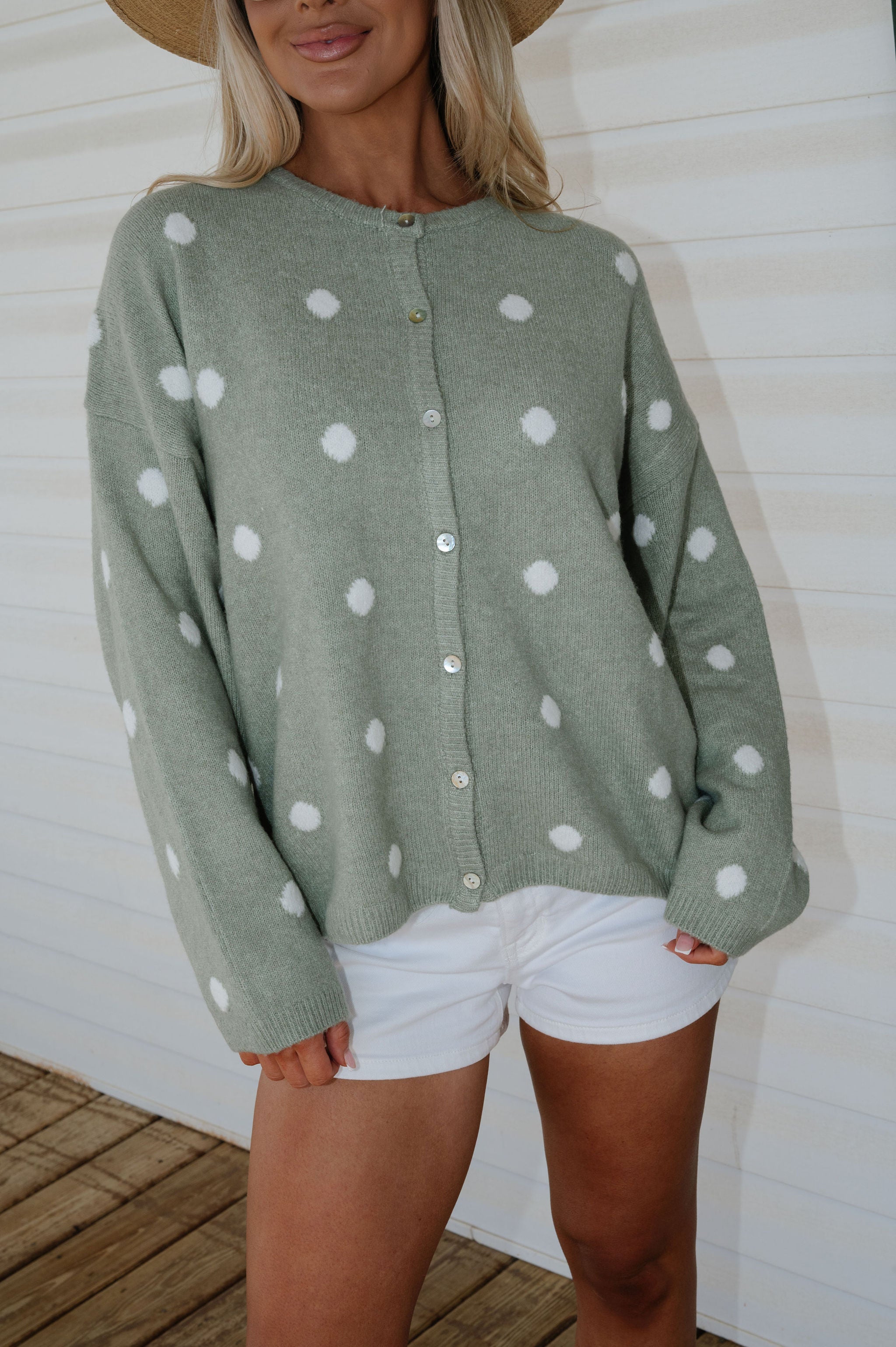 Corey Polka Dot Cardigan-Sage/White