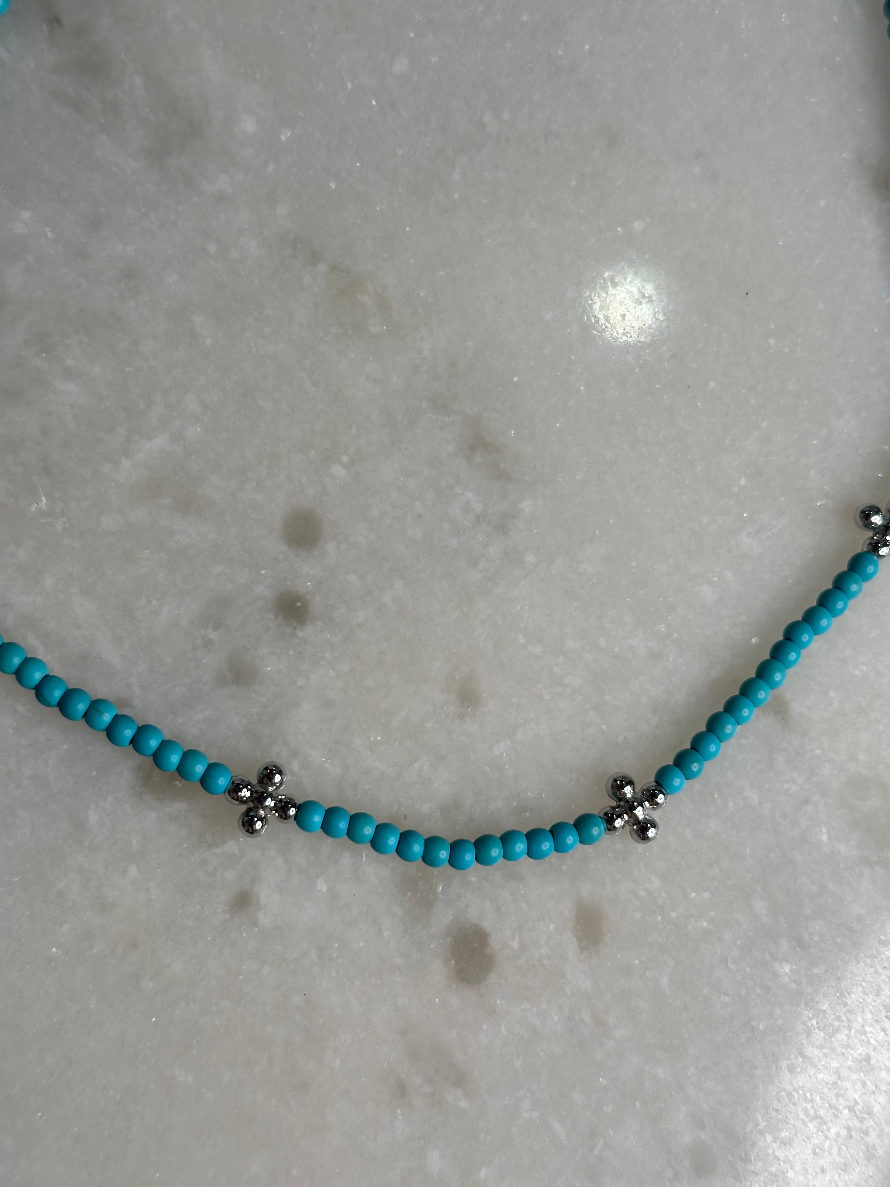 Stone and Cross Necklace - Turquoise/Silver