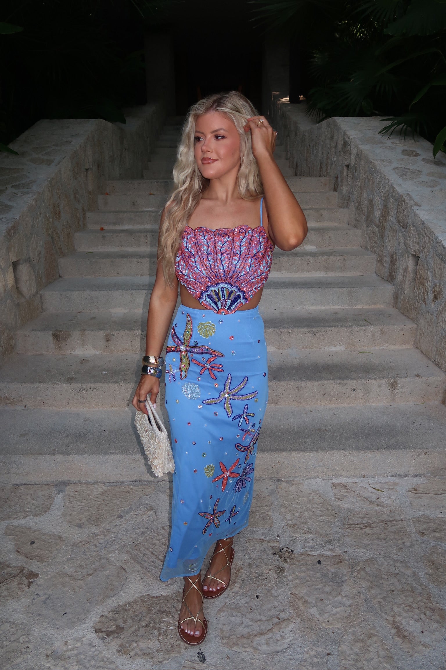 Shell Embellished Midi Dress-Blue Multi