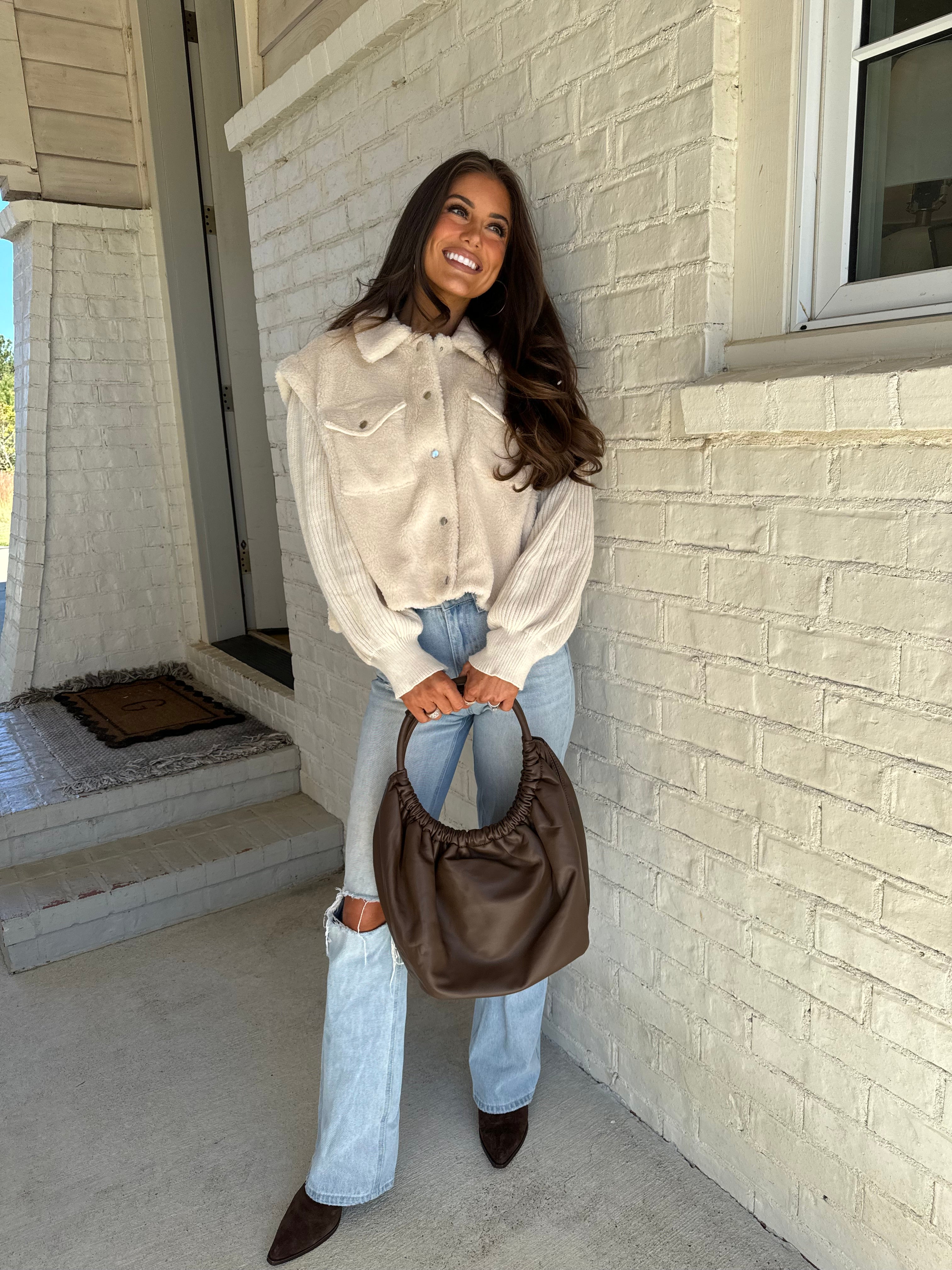 DOORBUSTER// Contrast Faux Fur Vest Jacket-Ivory