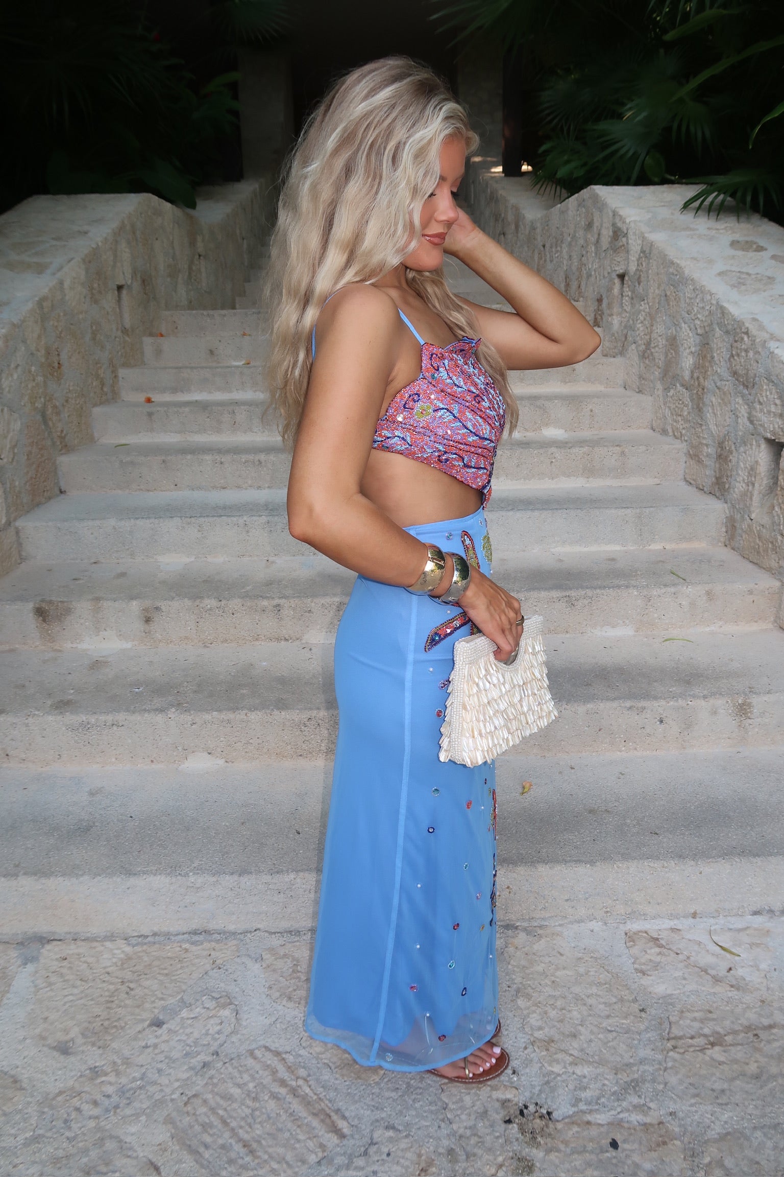 Shell Embellished Midi Dress-Blue Multi