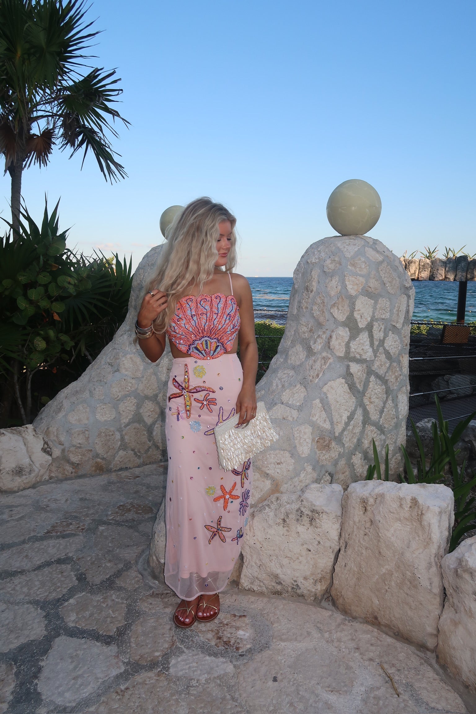Shell Embellished Midi Dress-Blush