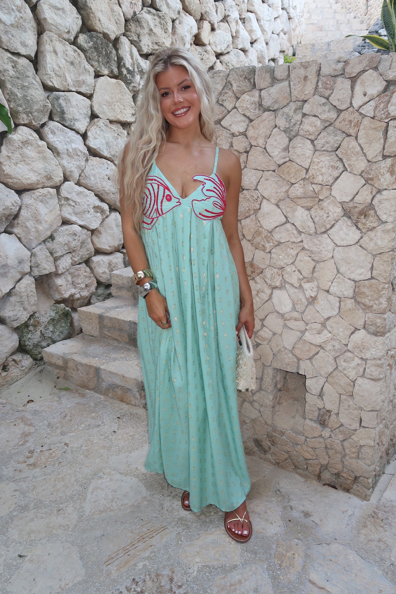 aqua beach dress Aqua Multi Beach Scene Cotton Midi Dress L / SUM2640 main image 0