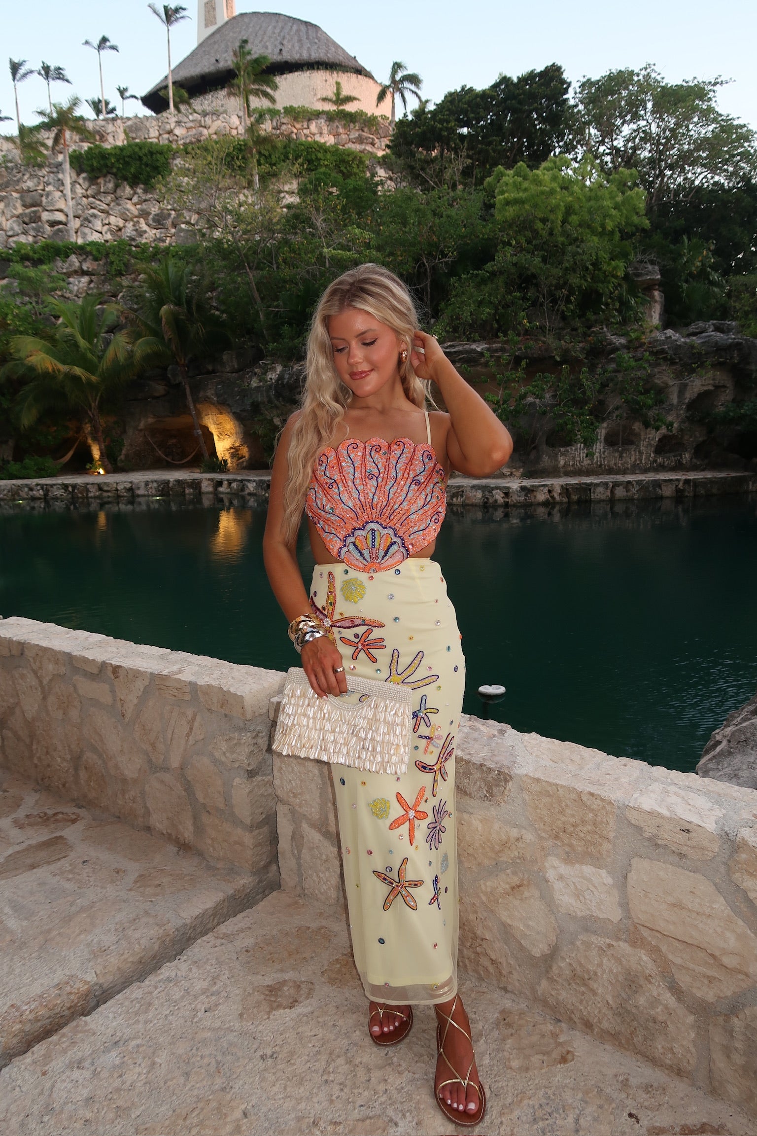 Shell Embellished Midi Dress-Sunlit