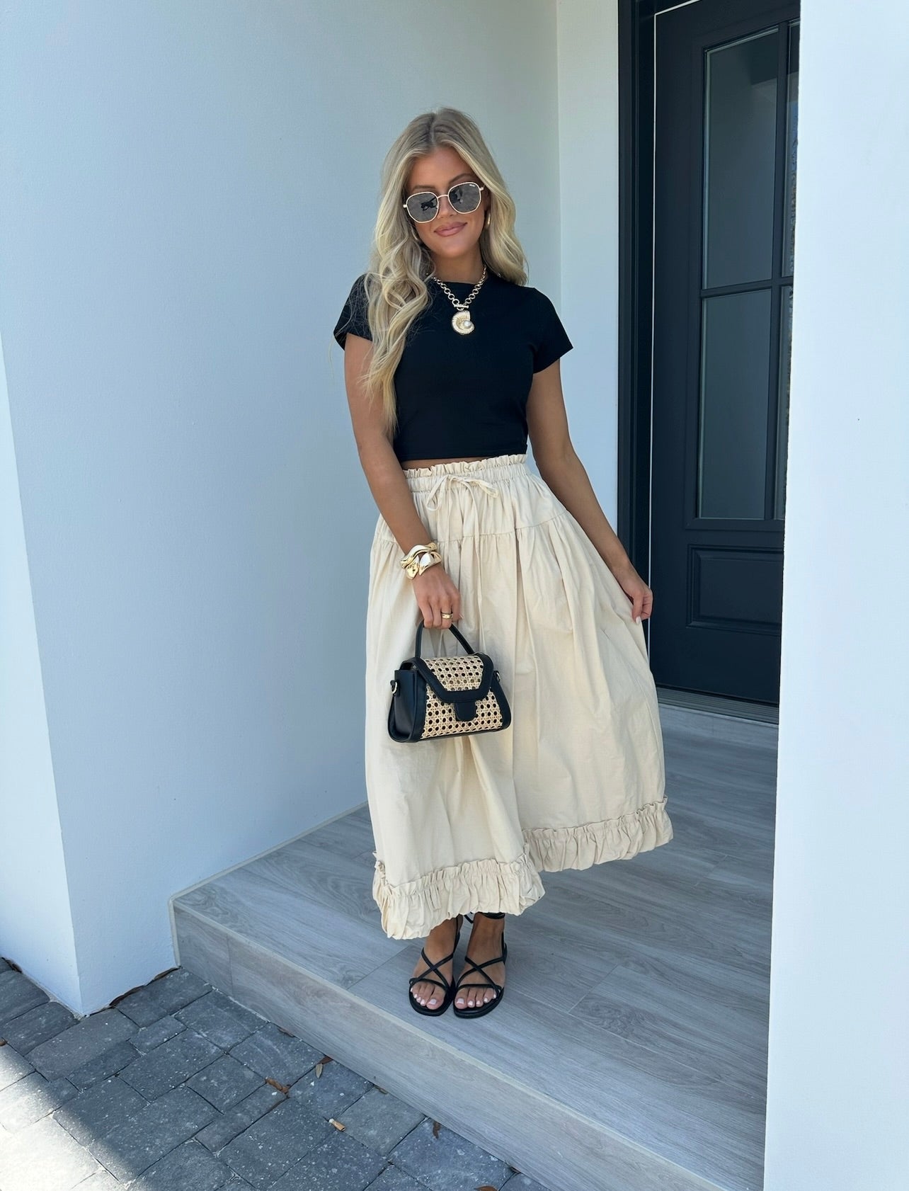 Balloon Hem Midi Skirt-Light Beige