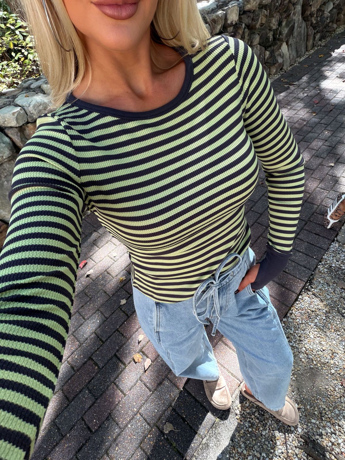 Striped Waffle Fitted Top-Lime/Slate