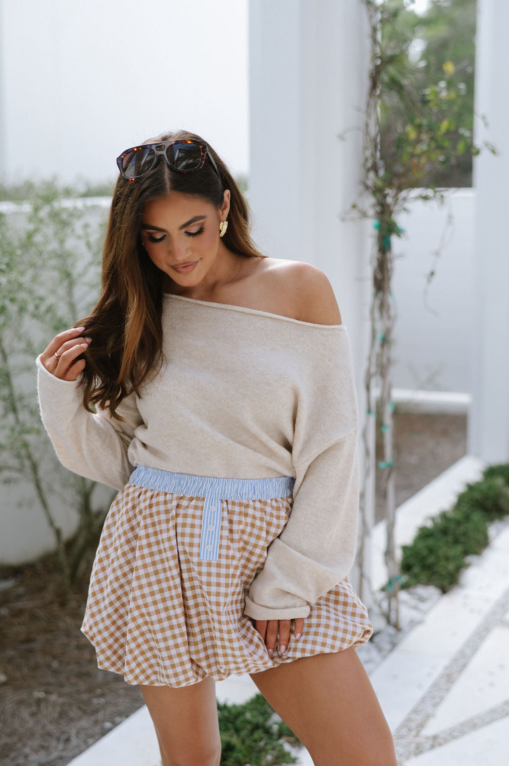 Tatum Gingham Bubble Skirt-Taupe