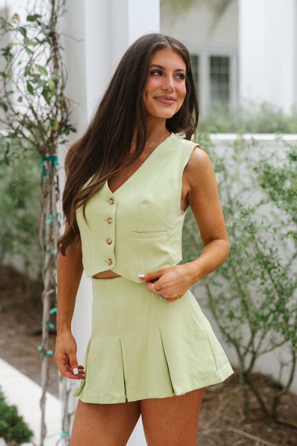 Rachel Pleated Vest Set- Lime