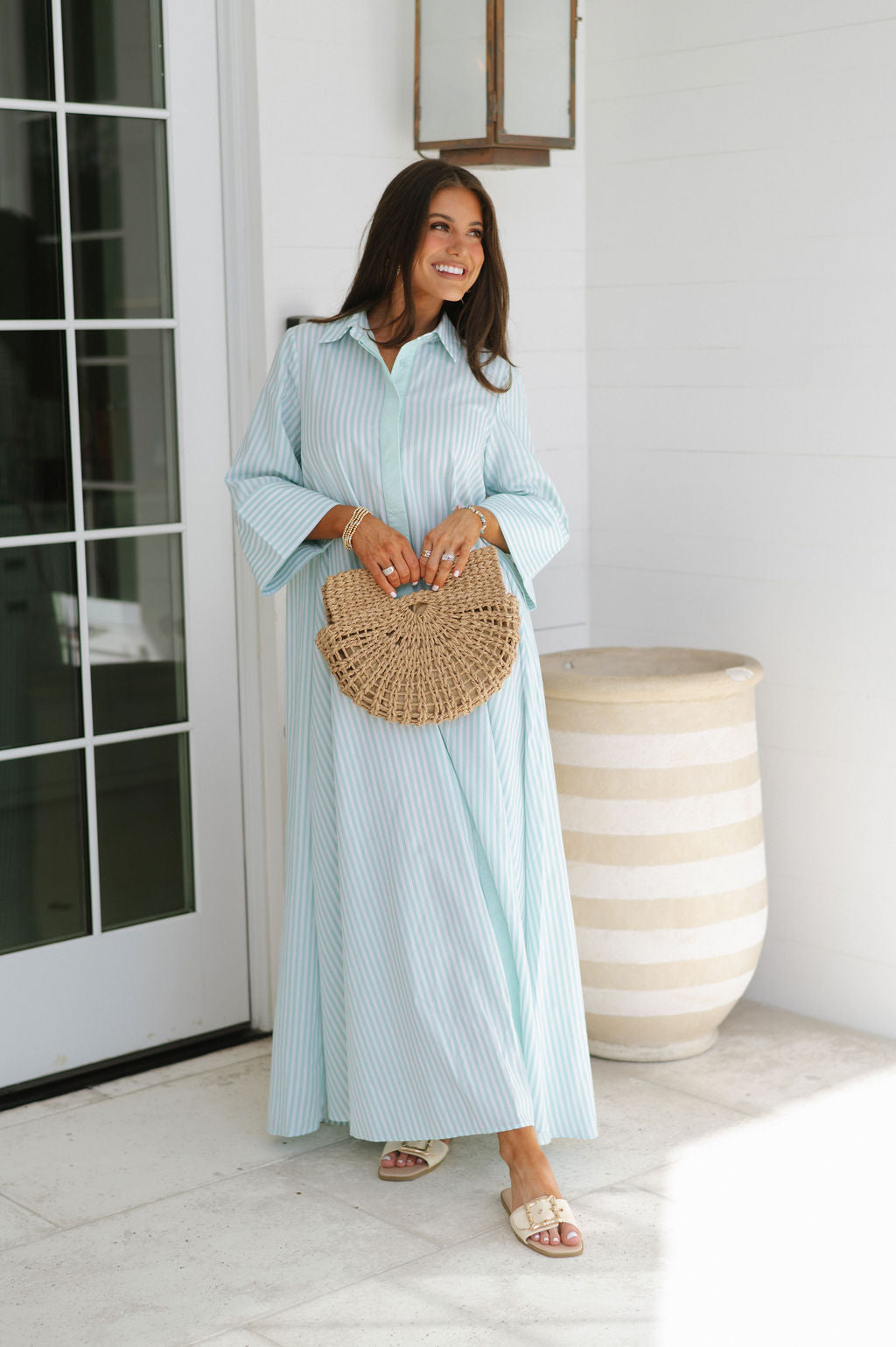 Archer Striped Shirt Dress- Seafoam Green