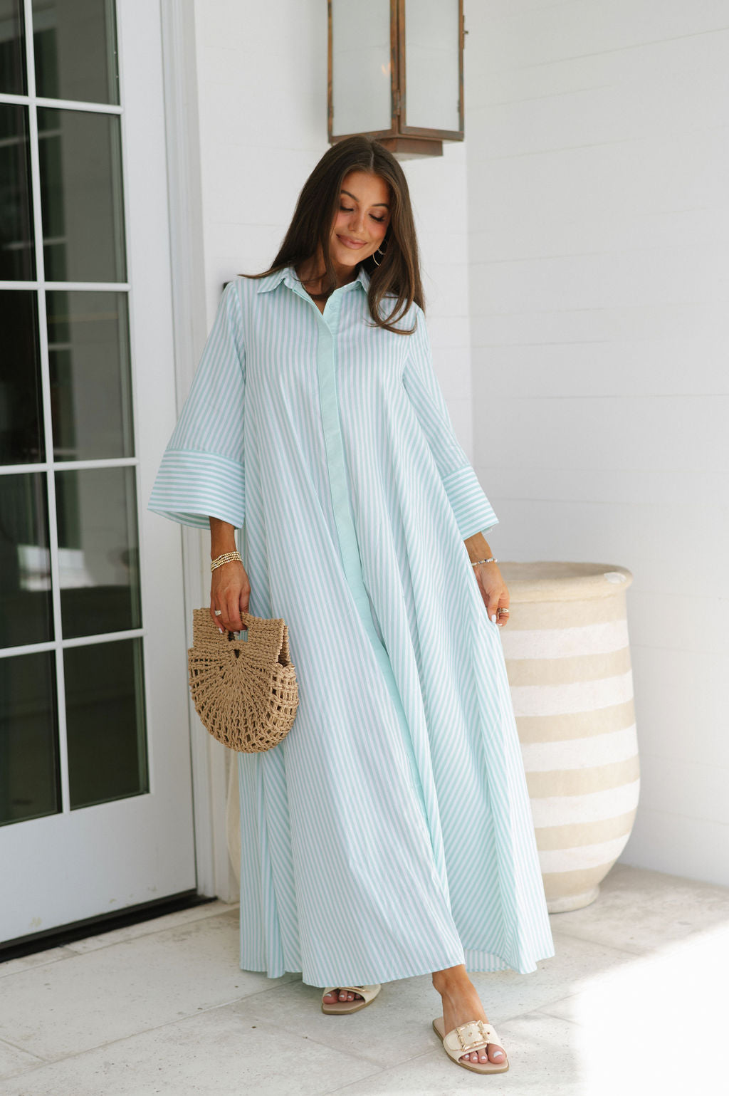 Archer Striped Shirt Dress- Seafoam Green
