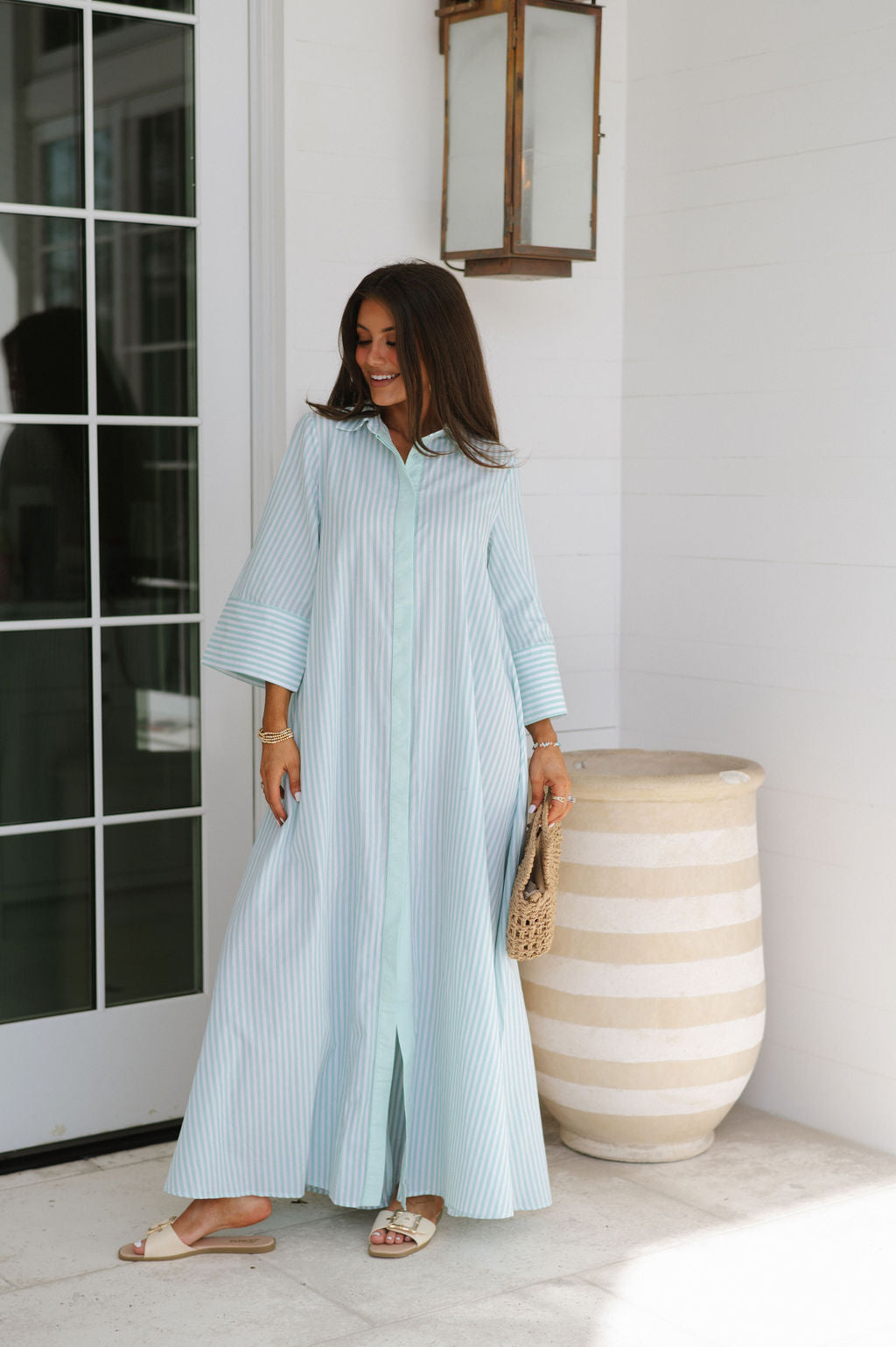 Archer Striped Shirt Dress- Seafoam Green