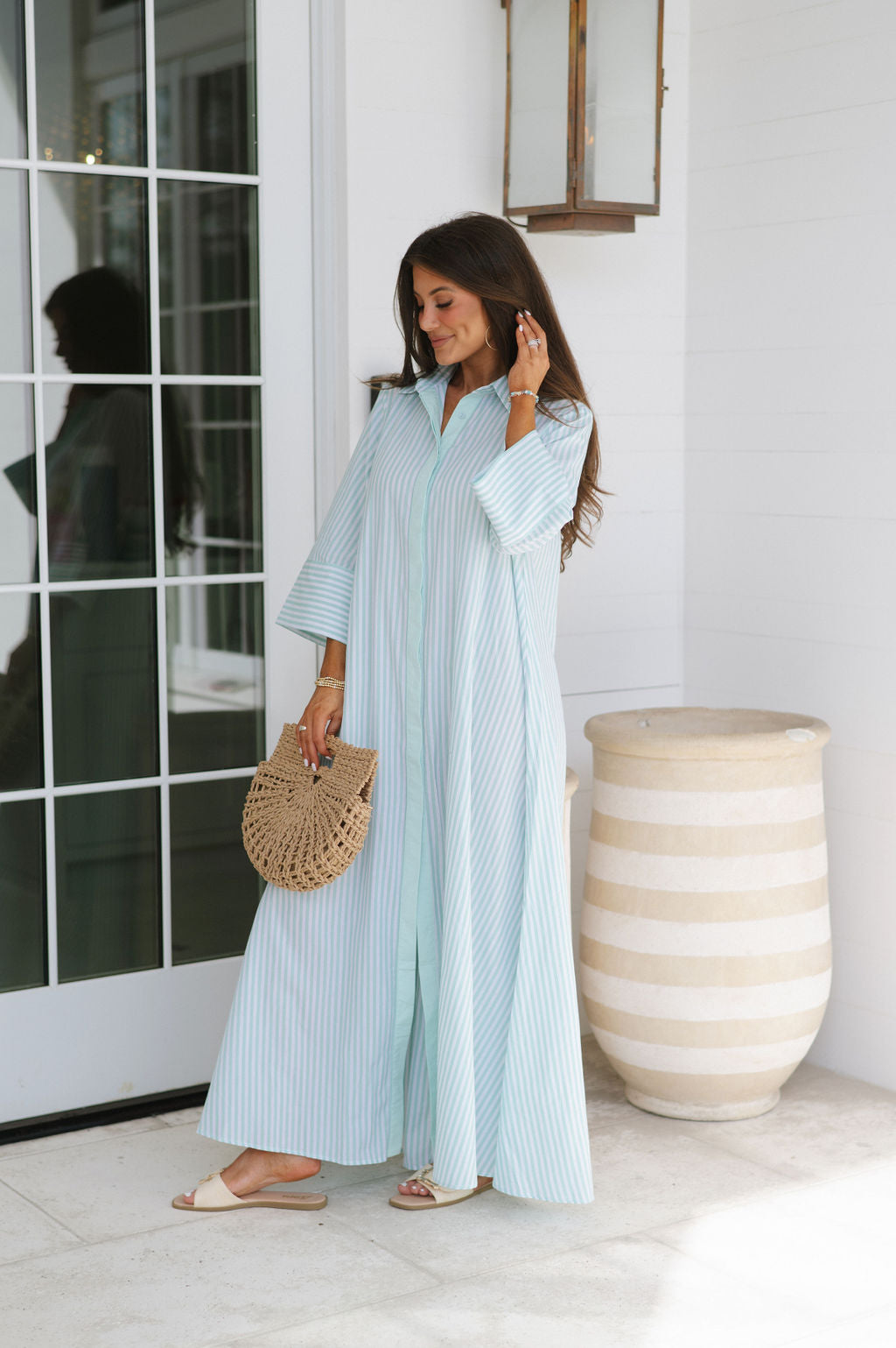 Archer Striped Shirt Dress- Seafoam Green