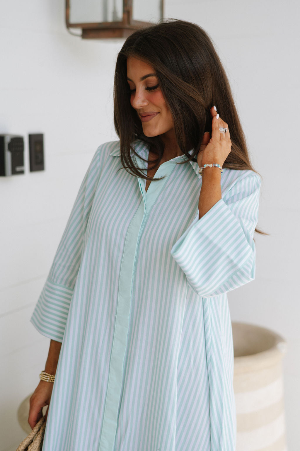 Archer Striped Shirt Dress- Seafoam Green